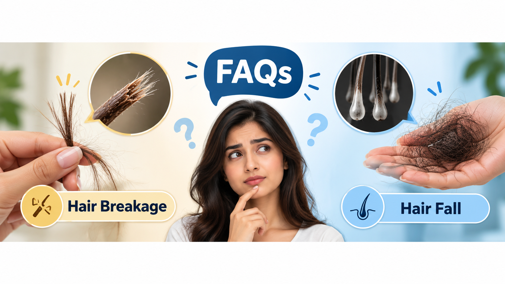 Hair breakage vs hair fall FAQs showing damaged hair strands and hair shedding with roots