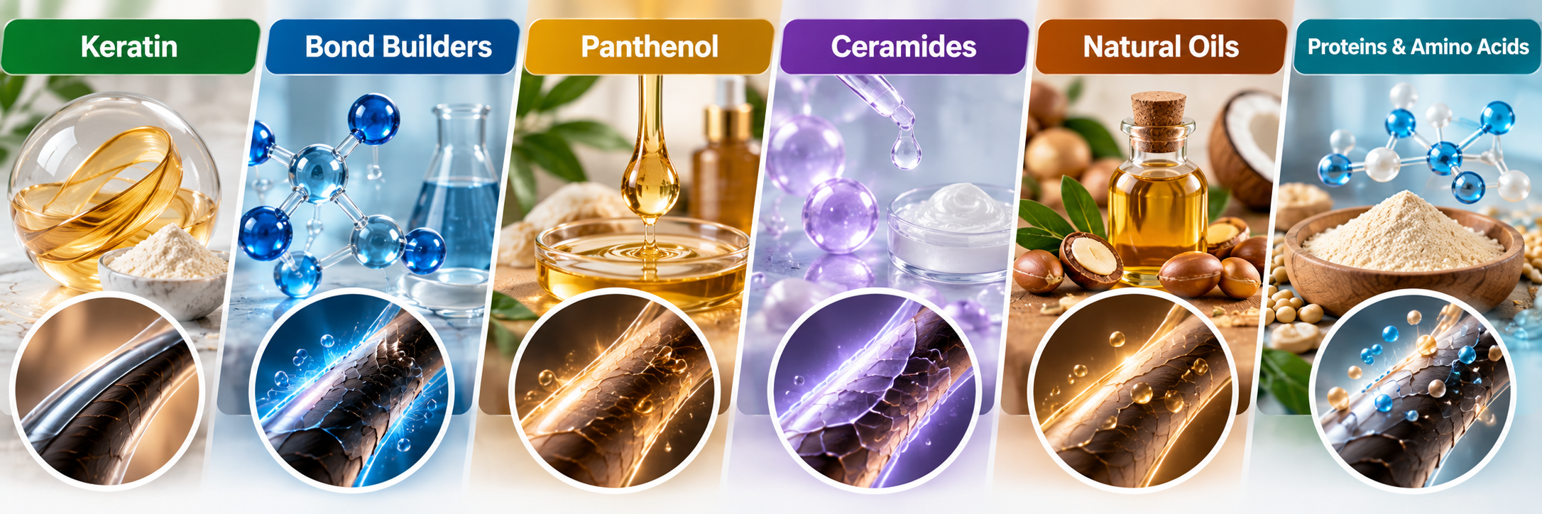 Hair breakage ingredients guide showing keratin, bond builders, panthenol, ceramides, natural oils and amino acids.