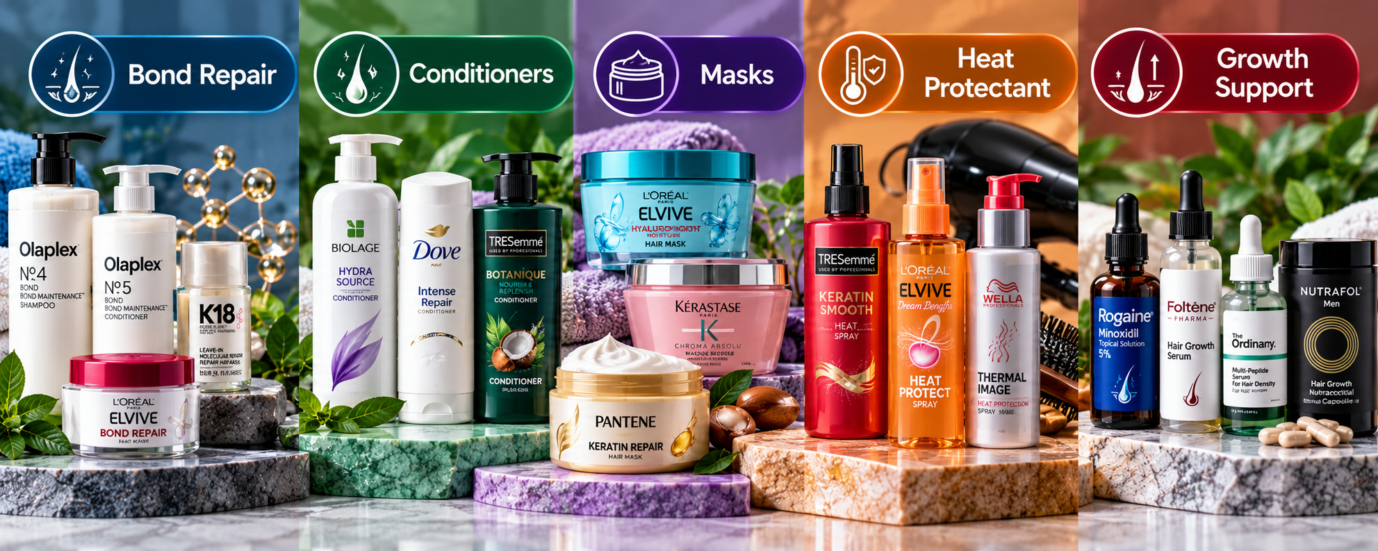 Hair care product categories including bond repair, conditioners, hair masks, heat protectants and growth support products