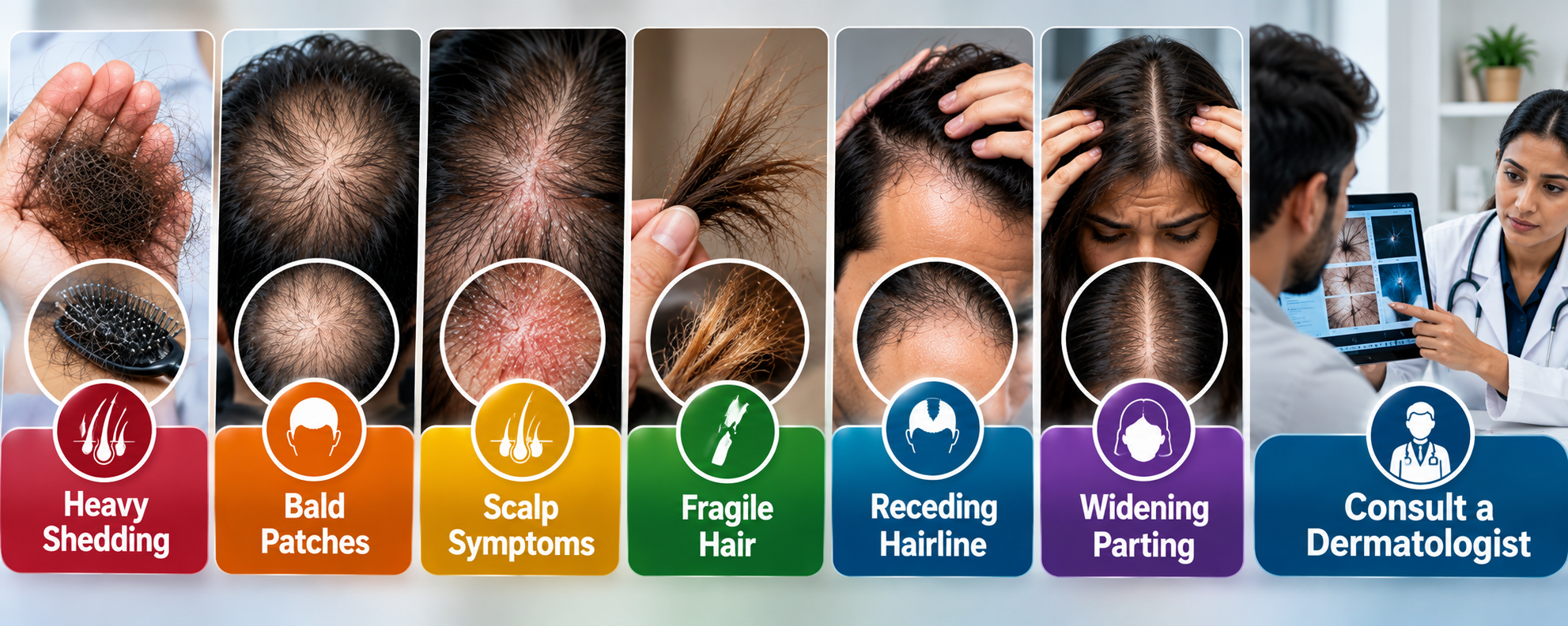 Hair loss warning signs including heavy shedding, bald patches, scalp symptoms, fragile hair, receding hairline and widening part.