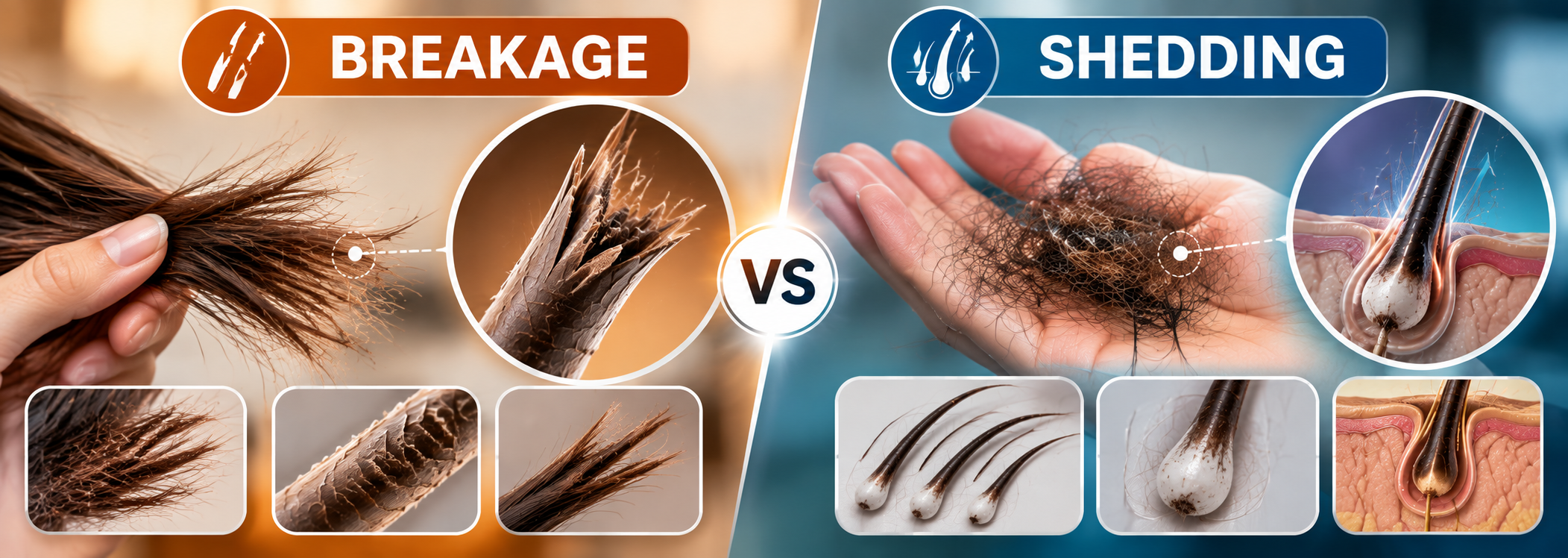 Hair breakage vs shedding diagram showing shaft damage, broken ends, root bulbs and follicle shedding.