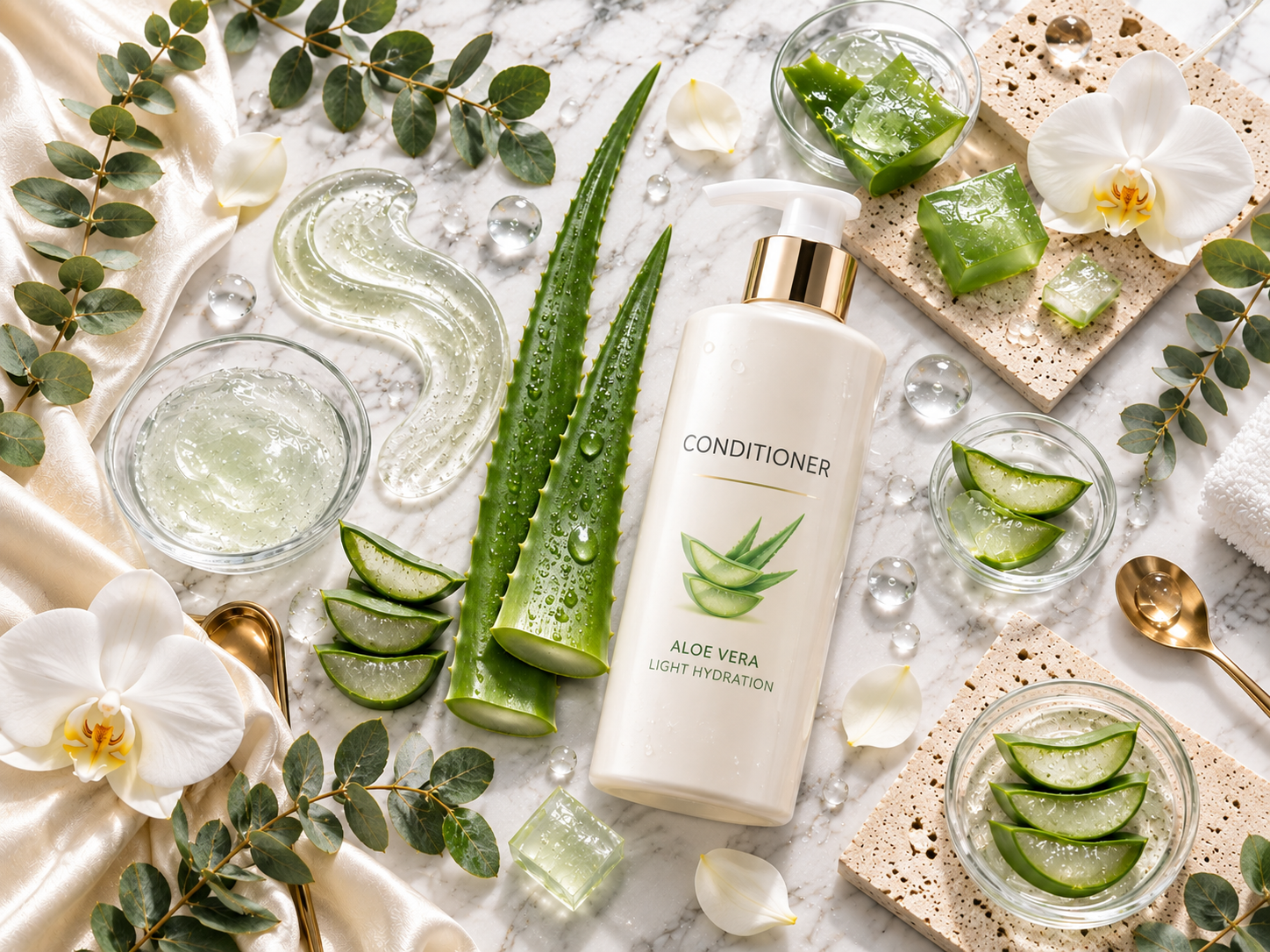 Luxury botanical flat lay featuring fresh Aloe Vera leaves, crystal-clear aloe gel, white orchids, eucalyptus, hydration droplets, and premium spa-inspired styling.