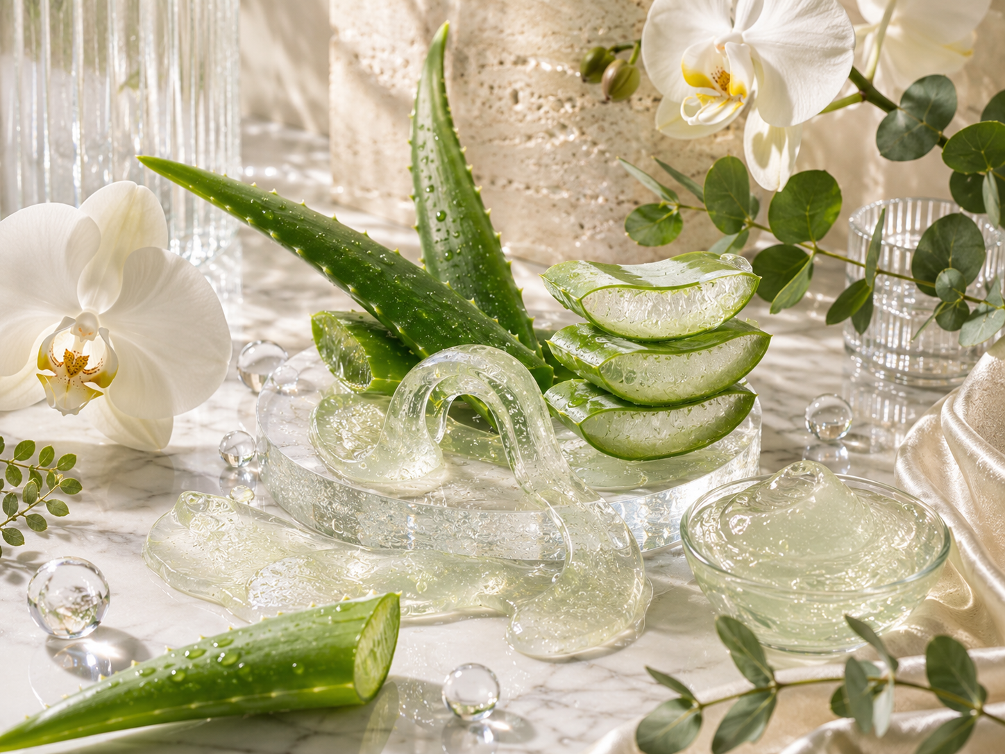 Fresh Aloe Vera leaves with crystal-clear aloe gel, hydration droplets, white orchids, and premium botanical styling for lightweight hydrating haircare.