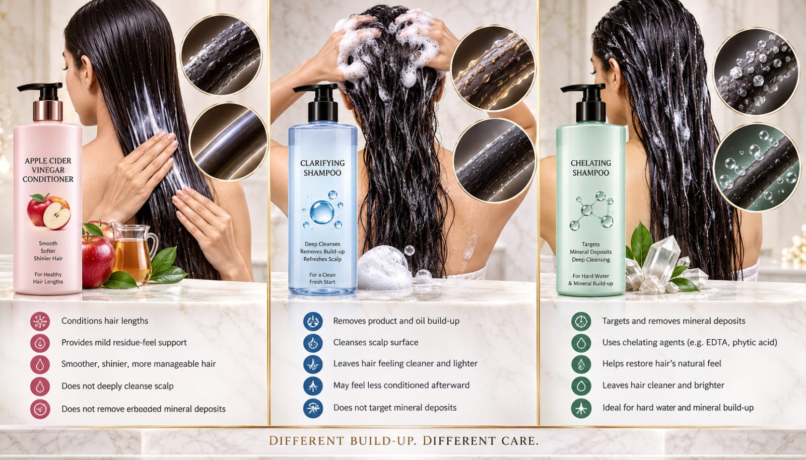 ACV conditioner compared with clarifying shampoo and chelating shampoo for residue and mineral buildup