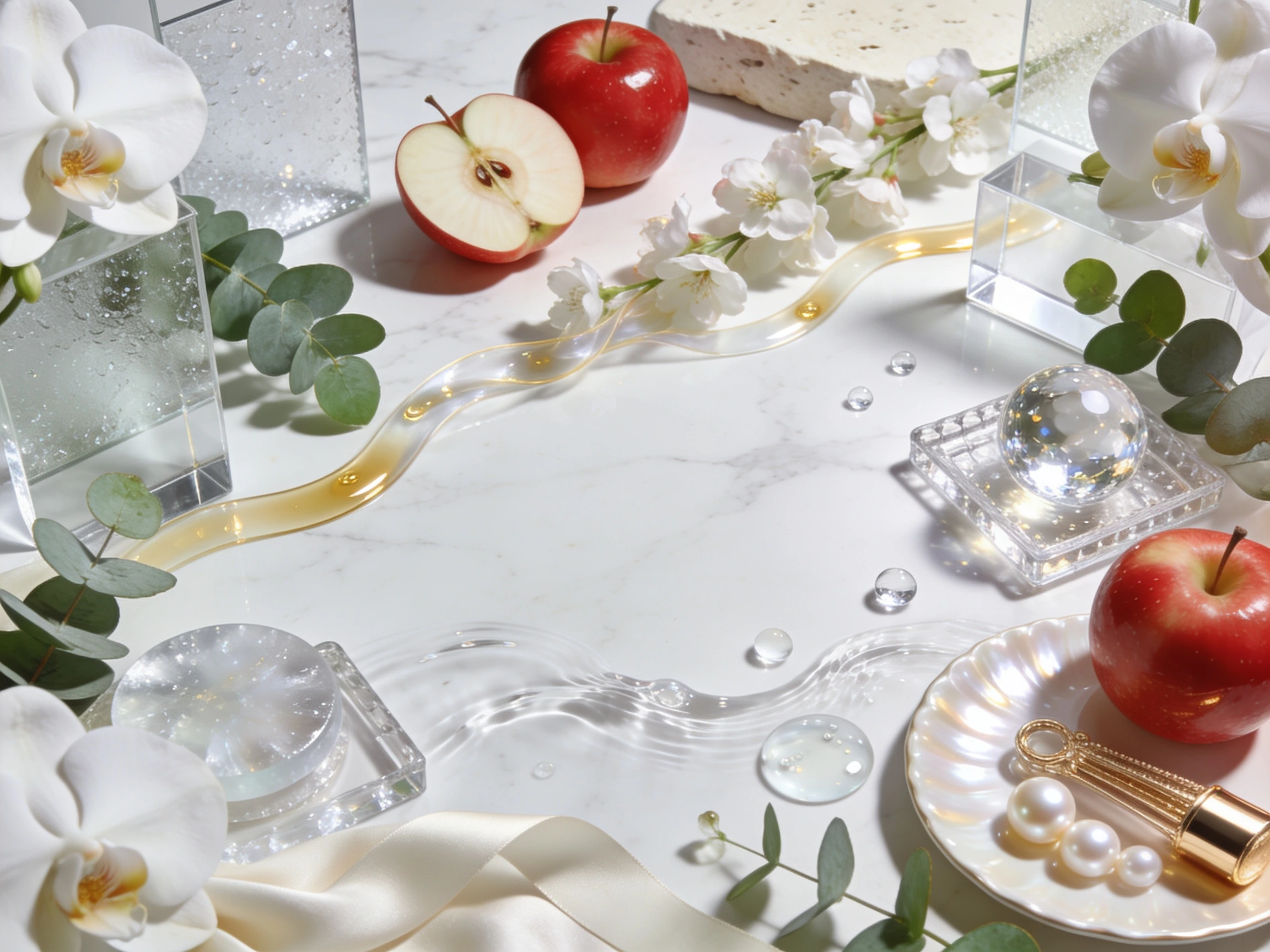 Hairs N Cares Apple Cider Vinegar Shine & pH Conditioner displayed on a luxury Carrara marble pedestal with fresh apples, translucent apple slices, white apple blossoms, crystal hydration ribbons, reflective glass spheres, and premium salon-inspired styling.