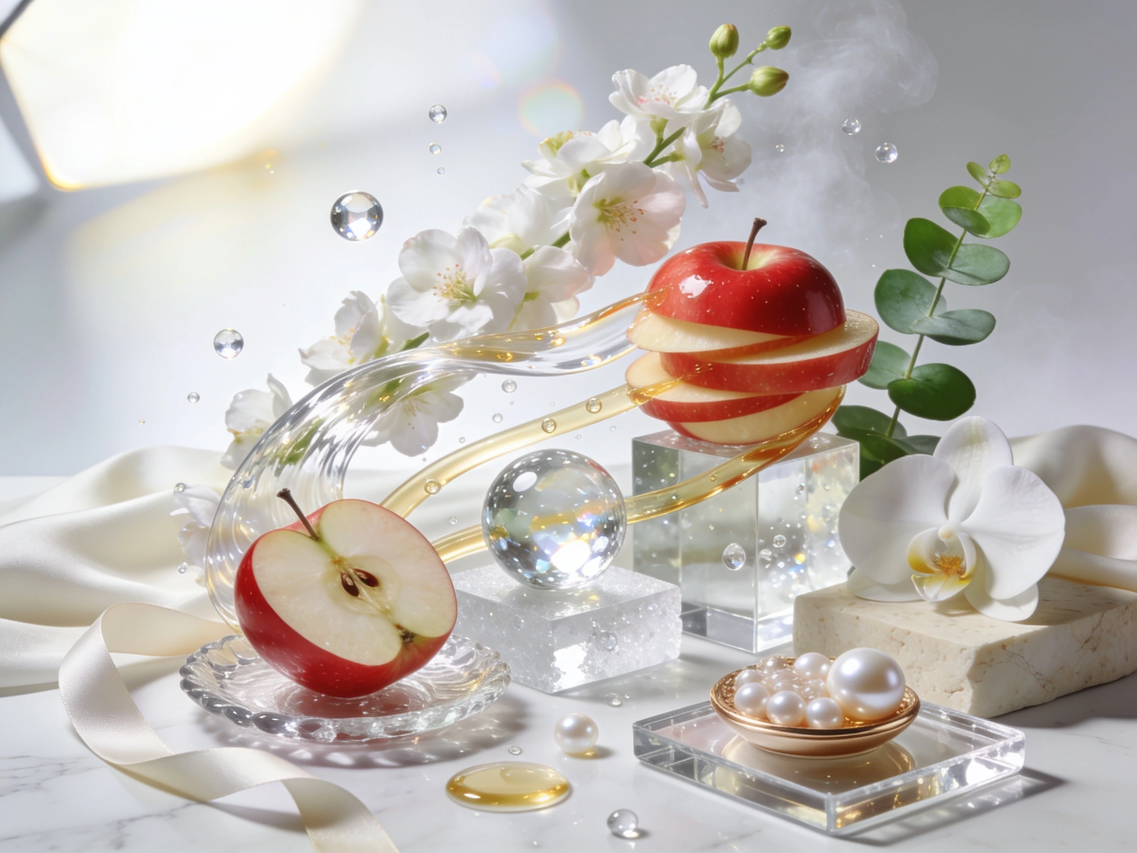 Flowing glossy dark hair with crystal hydration ribbons, apple blossoms, translucent apple slices, reflective glass spheres, and luxury editorial styling representing healthy shine and balanced pH haircare.