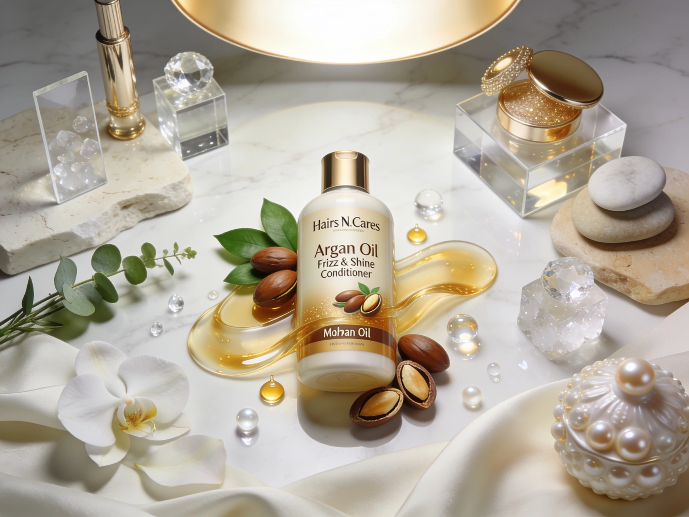 Original Hairs N Cares Argan Oil Frizz & Shine Conditioner displayed on a luxury spa-inspired bathroom shelf with Moroccan argan nuts, golden cosmetic oil accents, white orchids, and elegant marble décor.