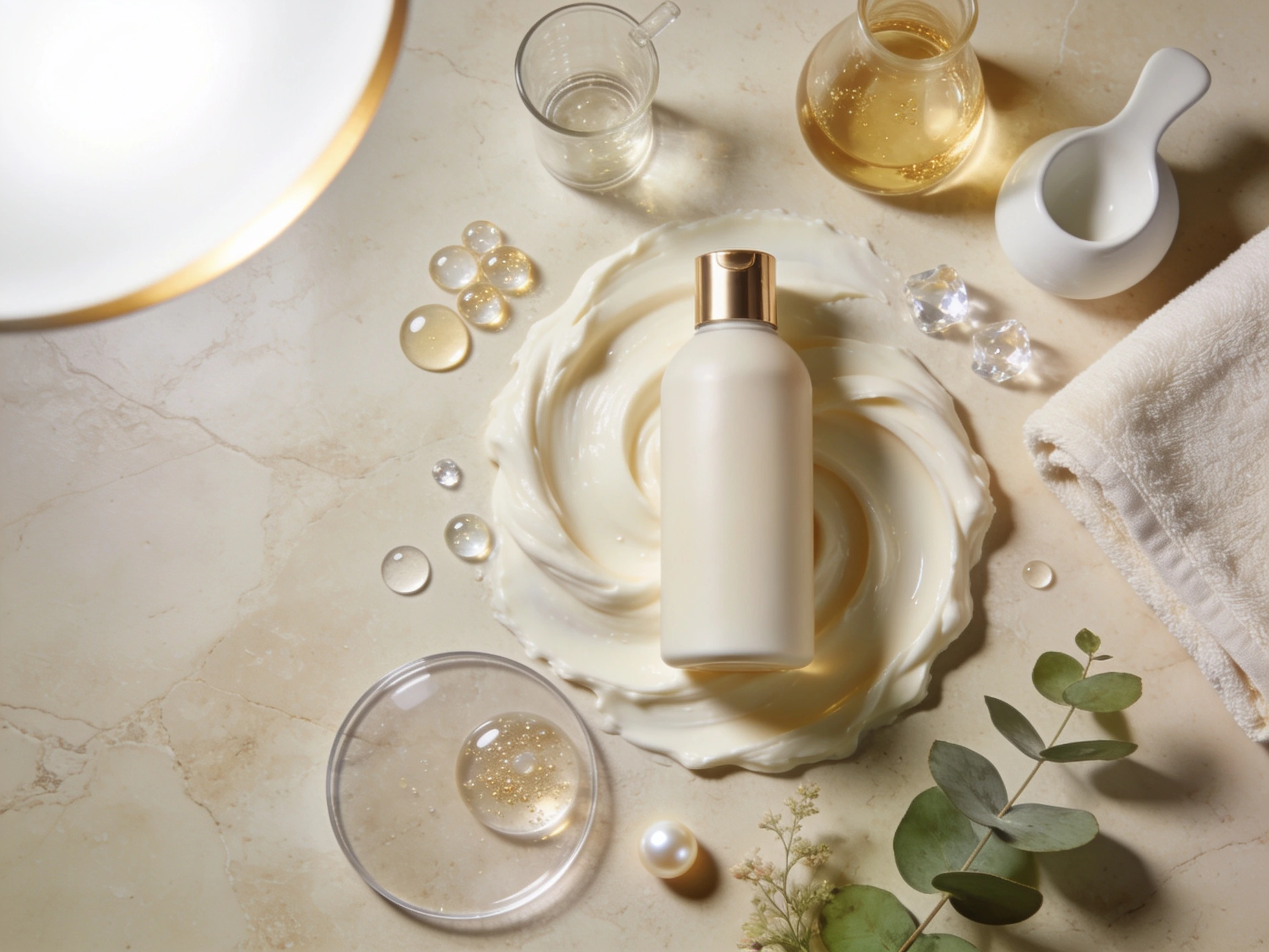 Premium flat lay of ceramide conditioner with rich cream texture and luxury cosmetic ingredients