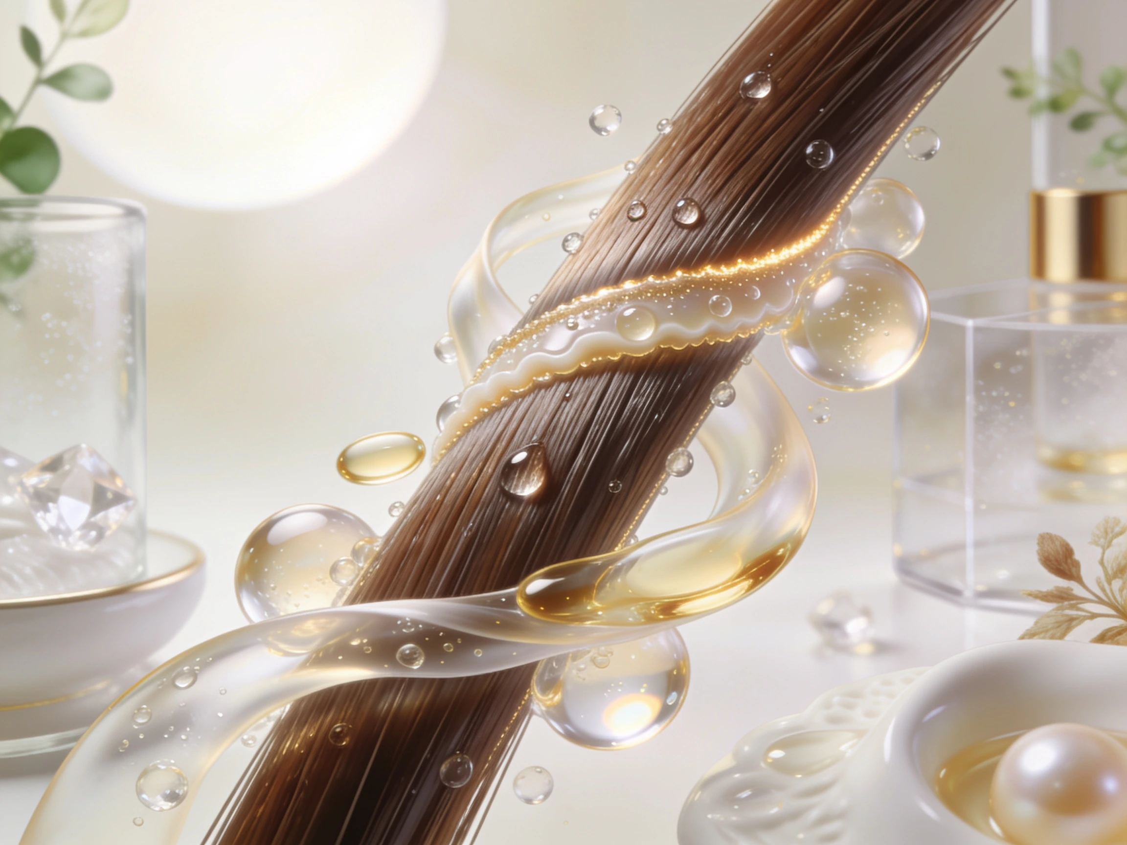 Macro illustration of a healthy hair fibre showing ceramide-inspired barrier support and moisture retention