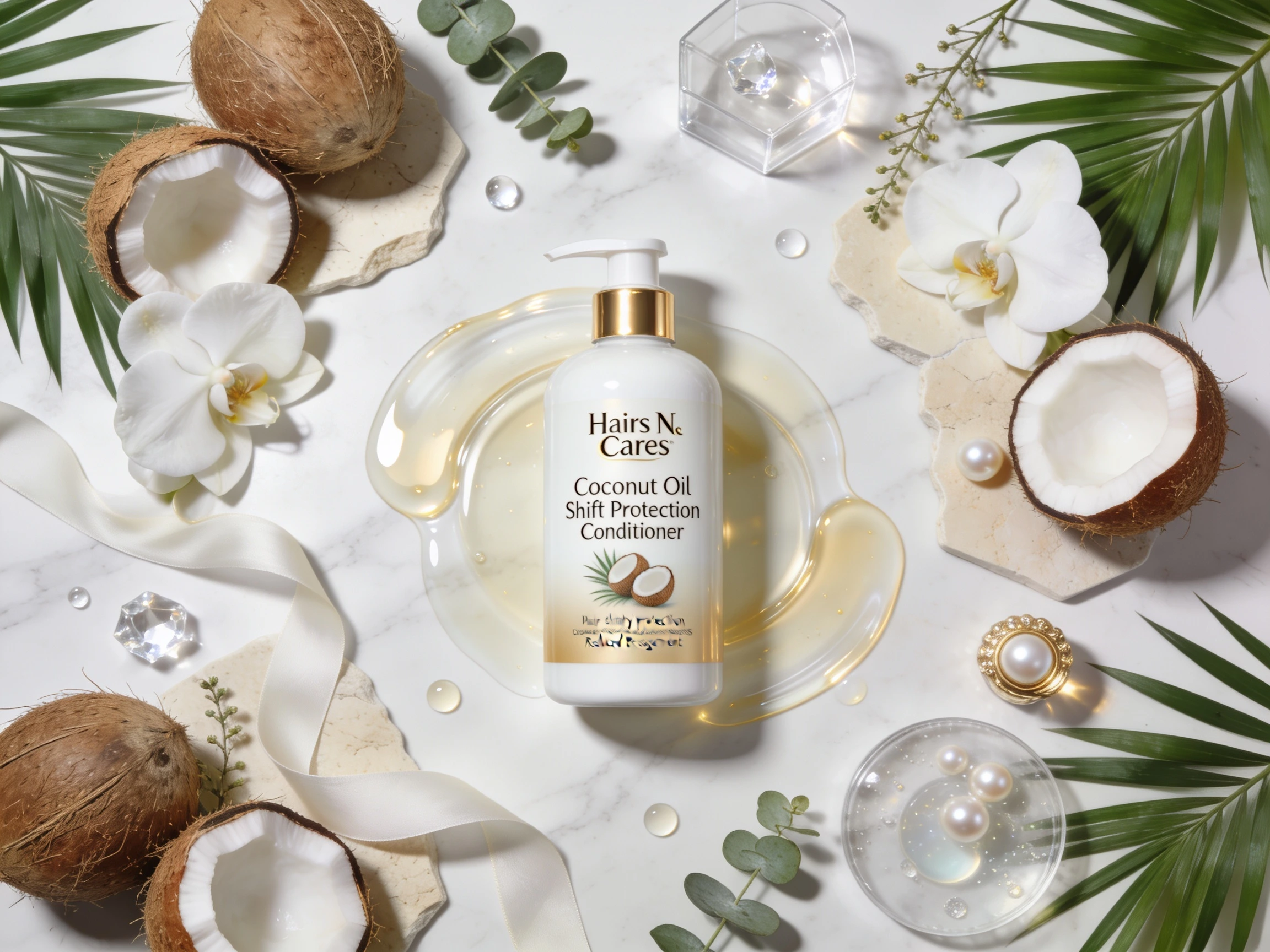 Hairs N Cares Coconut Oil Shaft Protection Conditioner displayed in a luxury flat lay with fresh coconuts, botanical leaves, and crystal-clear coconut oil.