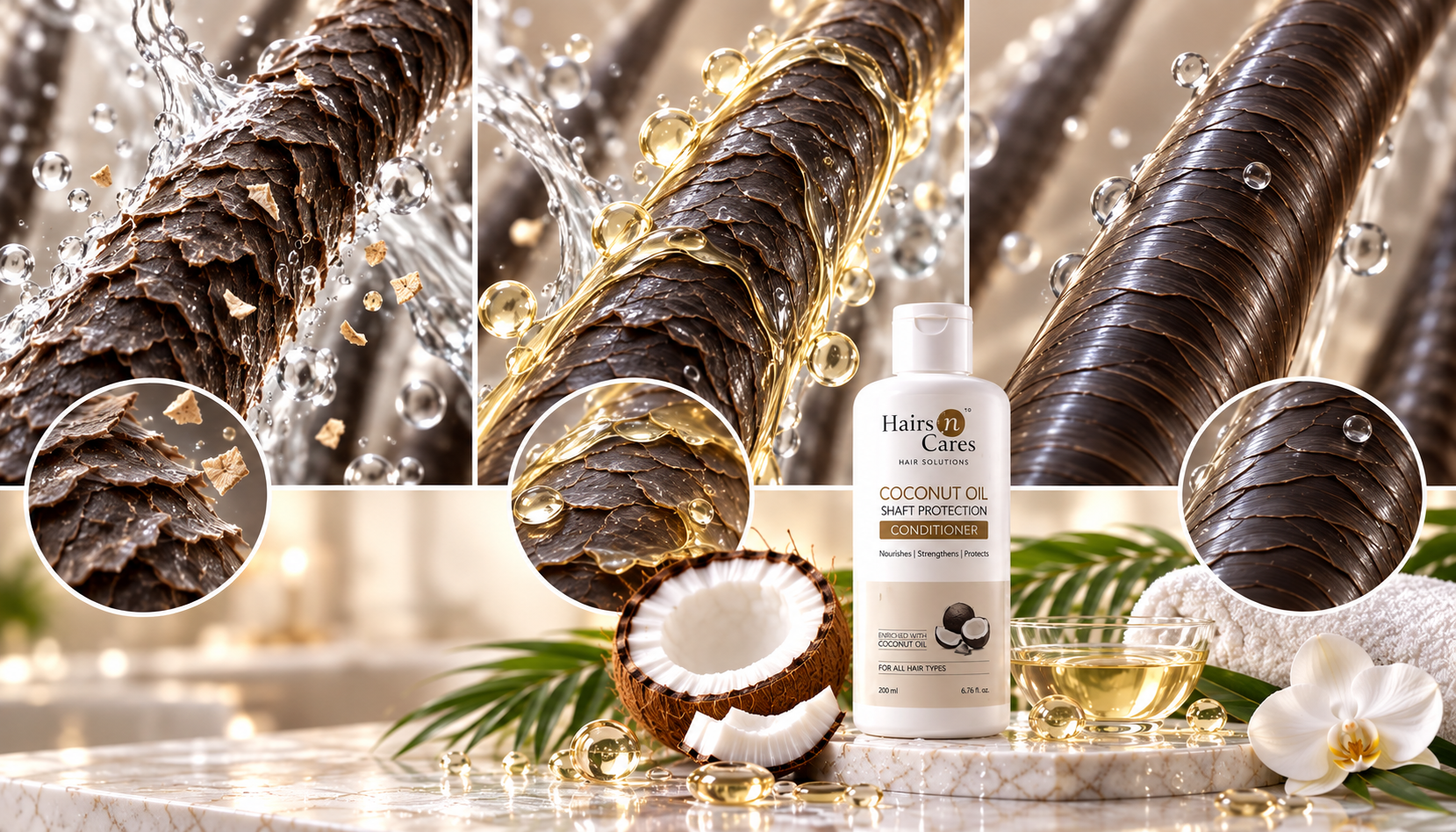 Hair fibre visual showing coconut oil conditioning and washing related protein loss protection logic