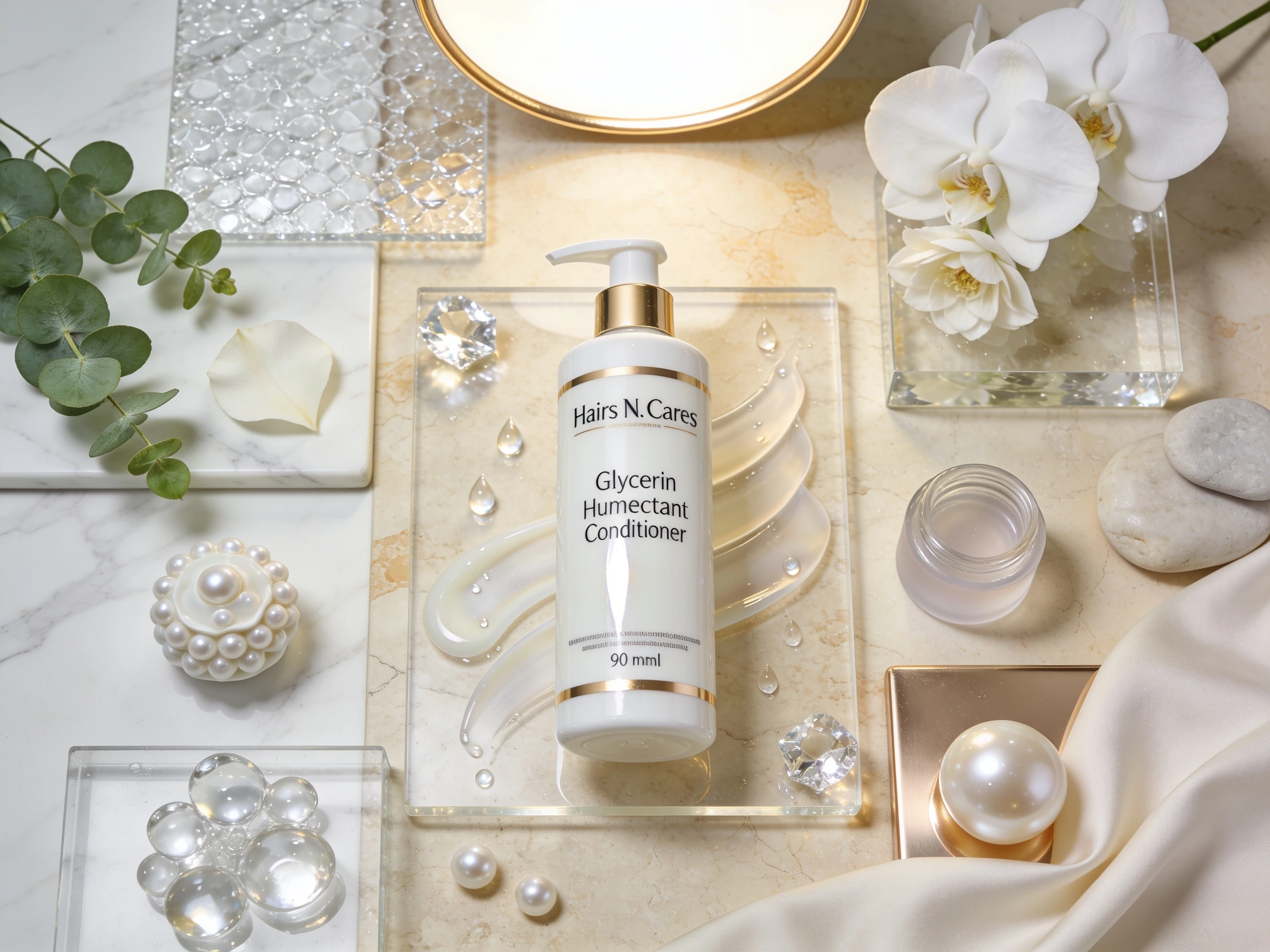 Luxury cosmetic ingredient composition representing glycerin moisture retention with crystal hydration droplets and elegant spa-inspired styling
