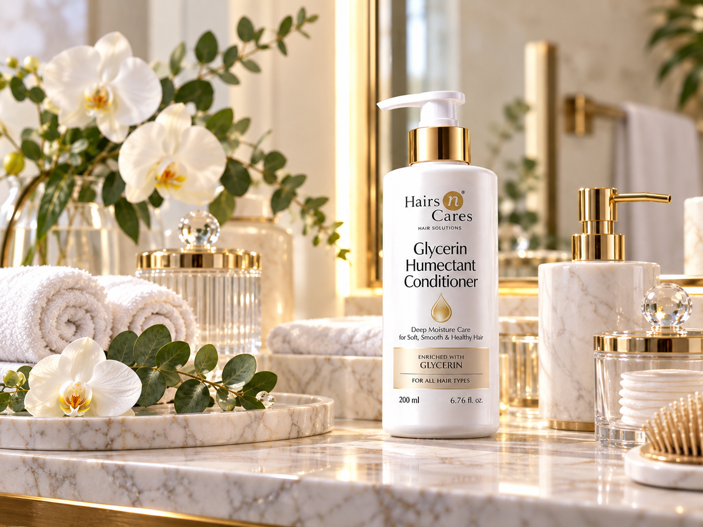 Original Hairs N Cares Glycerin Humectant Conditioner displayed on a luxury spa-inspired bathroom shelf with elegant premium styling