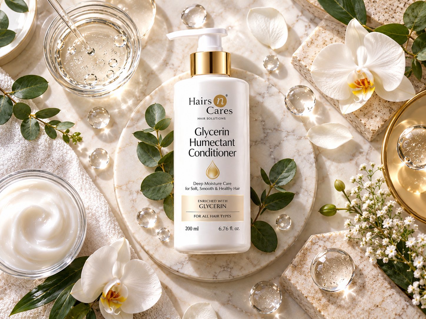 Luxury flat lay of the original Hairs N Cares Glycerin Humectant Conditioner surrounded by elegant spa-inspired styling and hydration elements