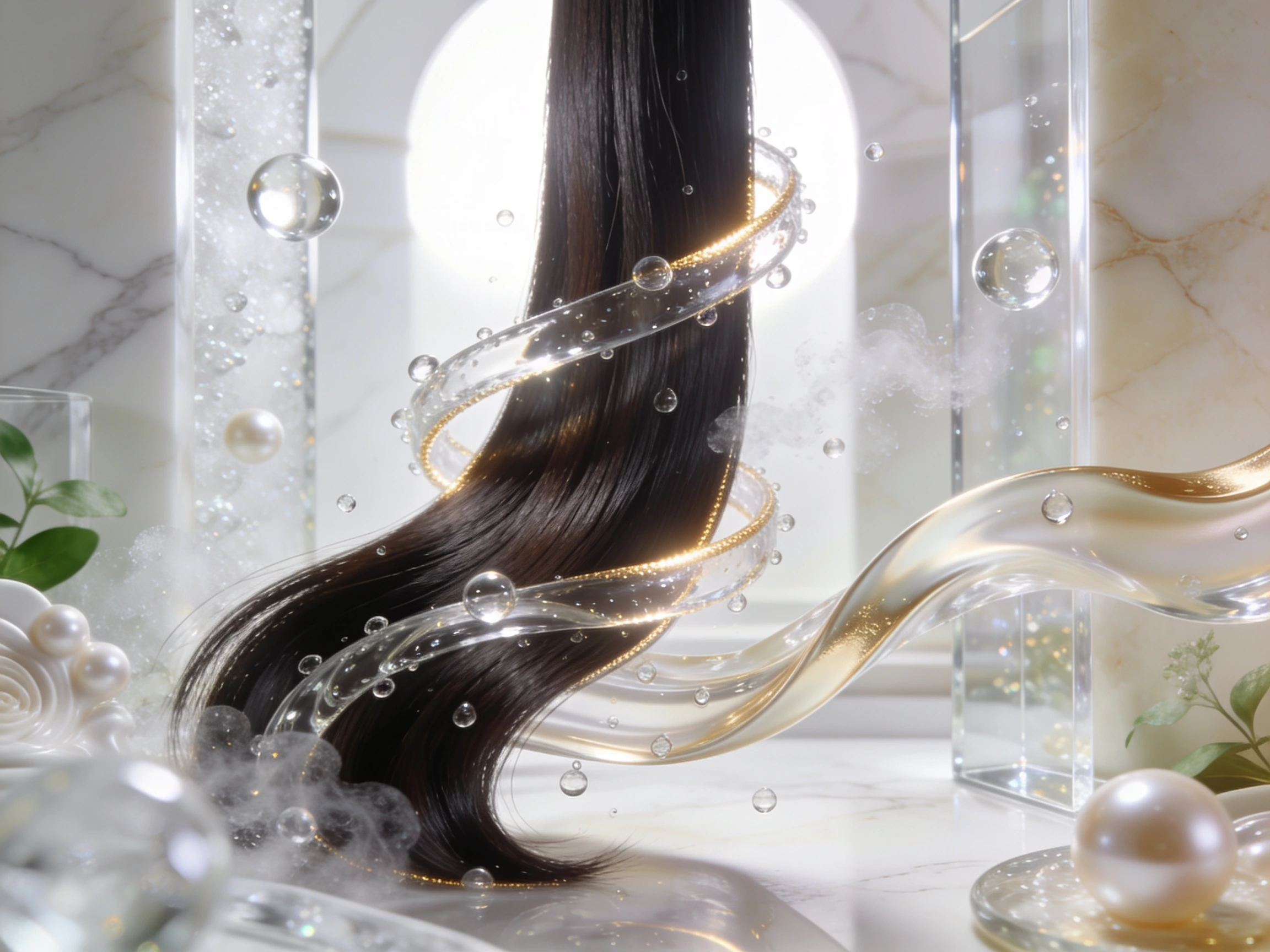 Luxury conceptual visualization of hydrated silky hair surrounded by elegant moisture-retention elements representing Hairs N Cares Glycerin Humectant Conditioner