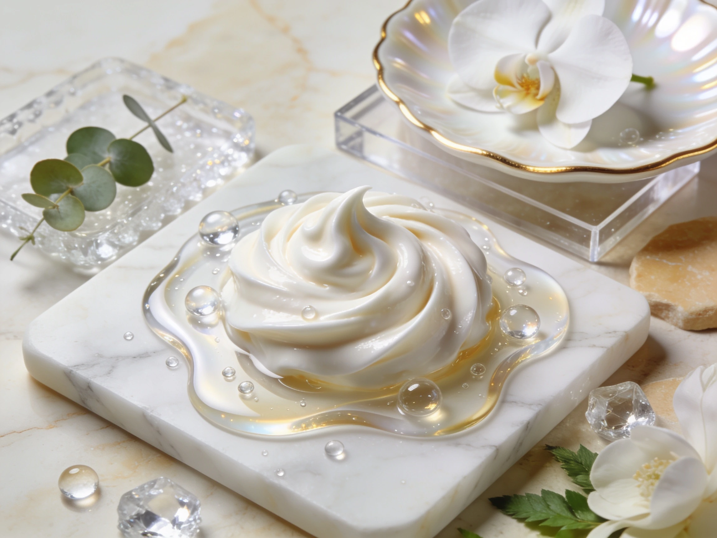 Luxury macro texture of a glycerin-inspired moisturizing conditioner with rich creamy consistency and elegant hydration styling