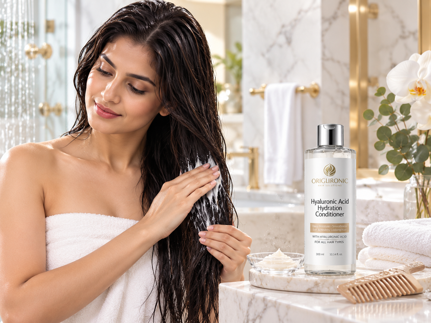 Woman applying hyaluronic acid conditioner to damp mid-lengths and ends while avoiding the scalp