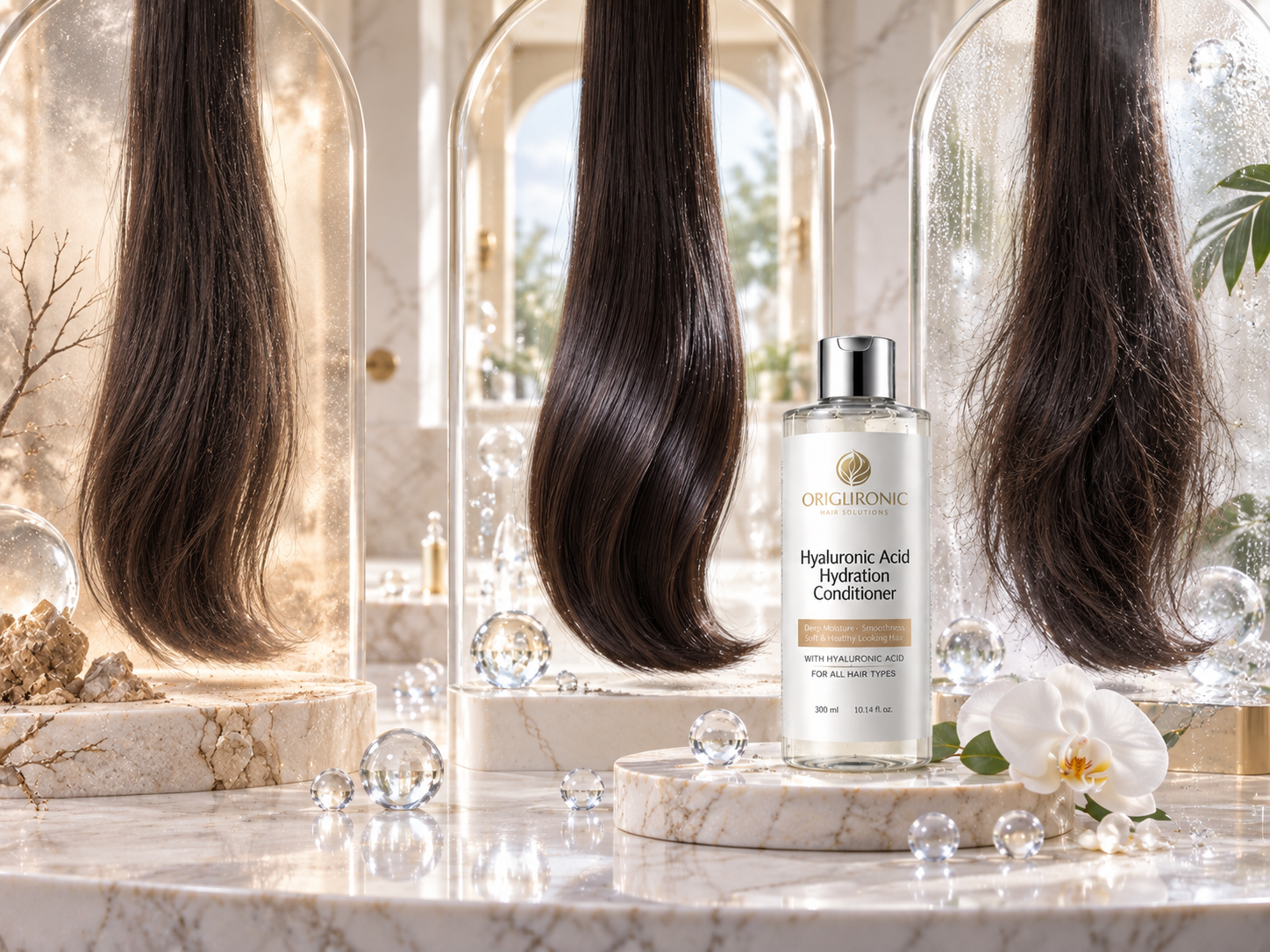 Hair tresses showing how dry balanced and humid environments can influence humectant conditioning