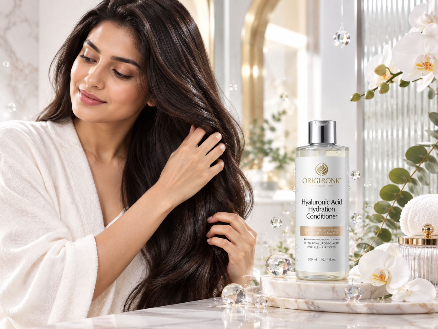 South Asian woman with soft hydrated dark hair in a bright luxury haircare setting