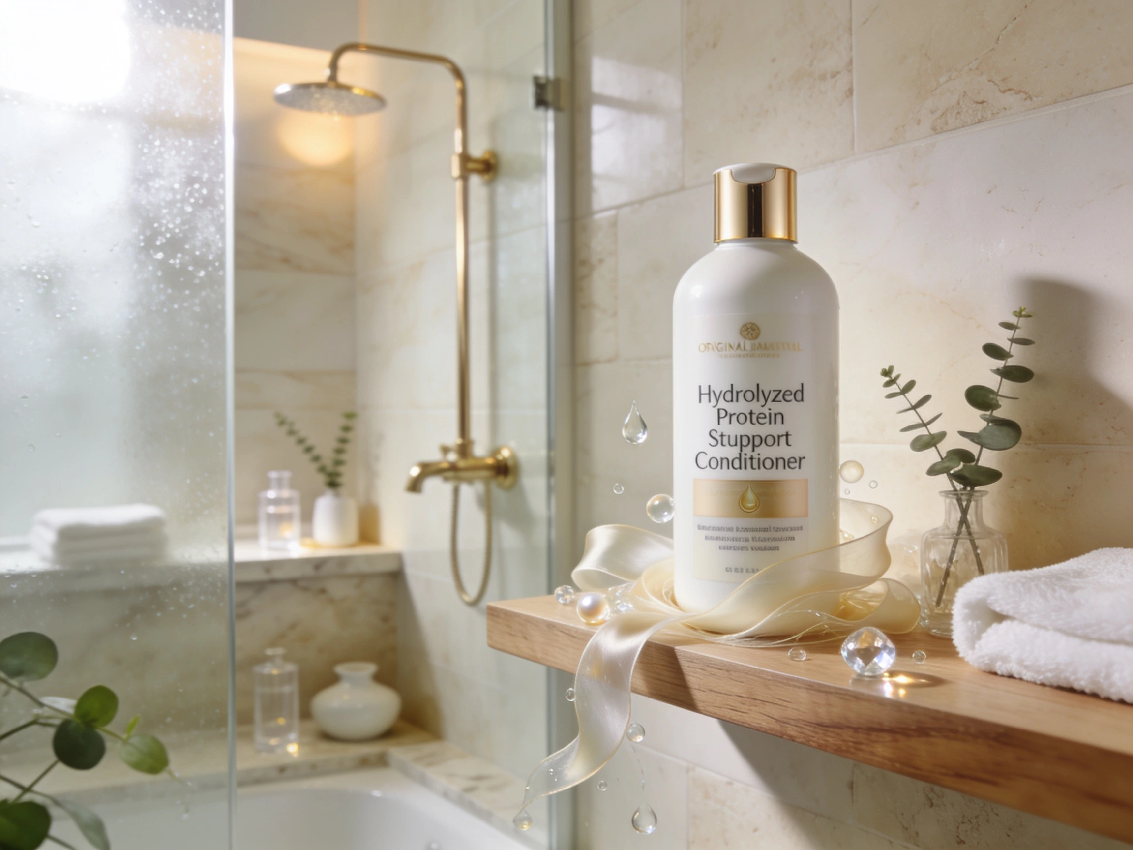 Hydrolyzed Protein Structure Support Conditioner displayed on a luxury bathroom shelf in a premium spa-inspired setting