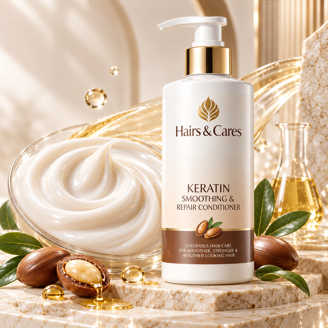 Rich keratin conditioner cream texture with argan oil and botanical ingredients