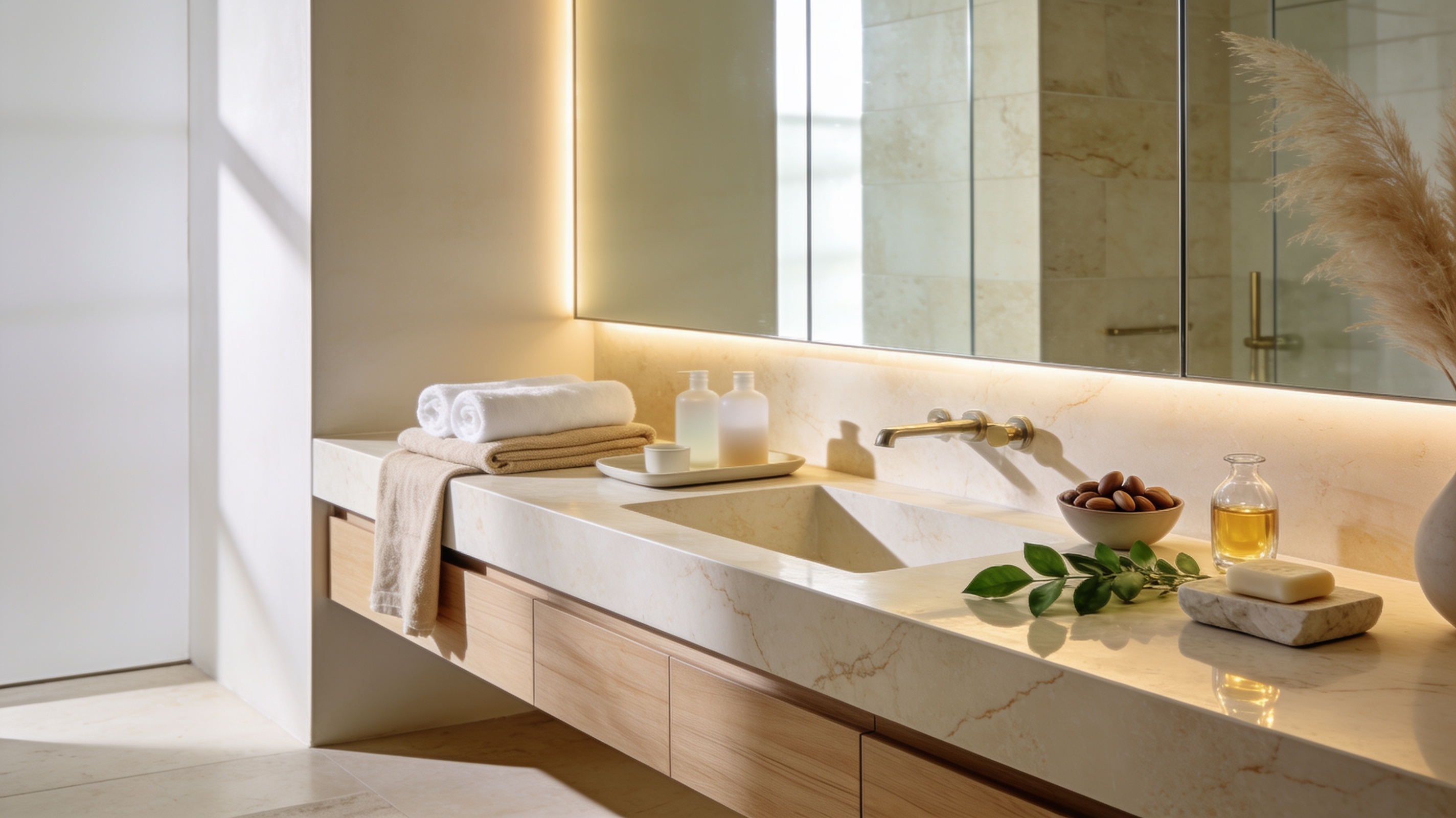 Premium bathroom lifestyle environment for a keratin smoothing conditioner haircare ritual