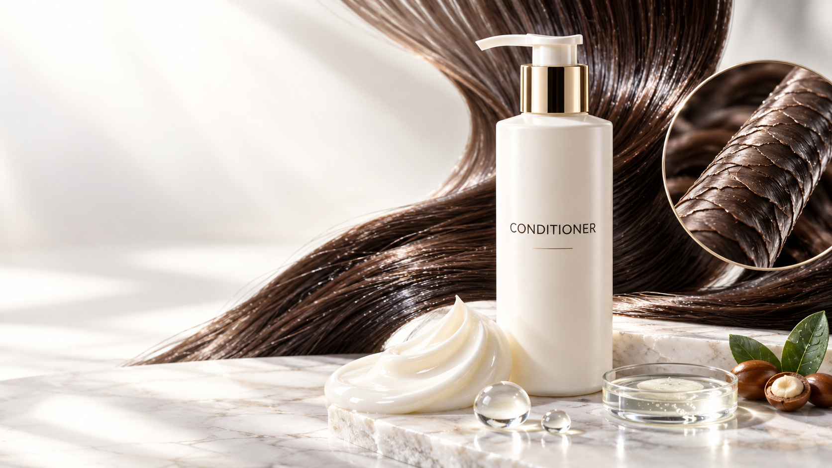 Pearl conditioner cream with smooth dark hair fibres representing moisture and cuticle care
