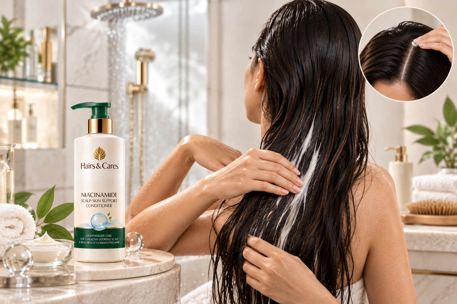 Niacinamide conditioner applied to wet mid-lengths and ends while keeping the scalp clear