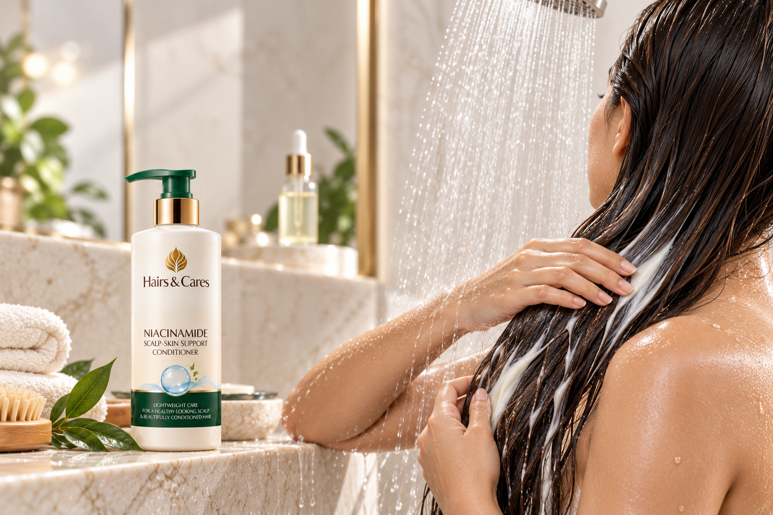 Niacinamide conditioner rinsing from hair lengths while the scalp remains largely product free