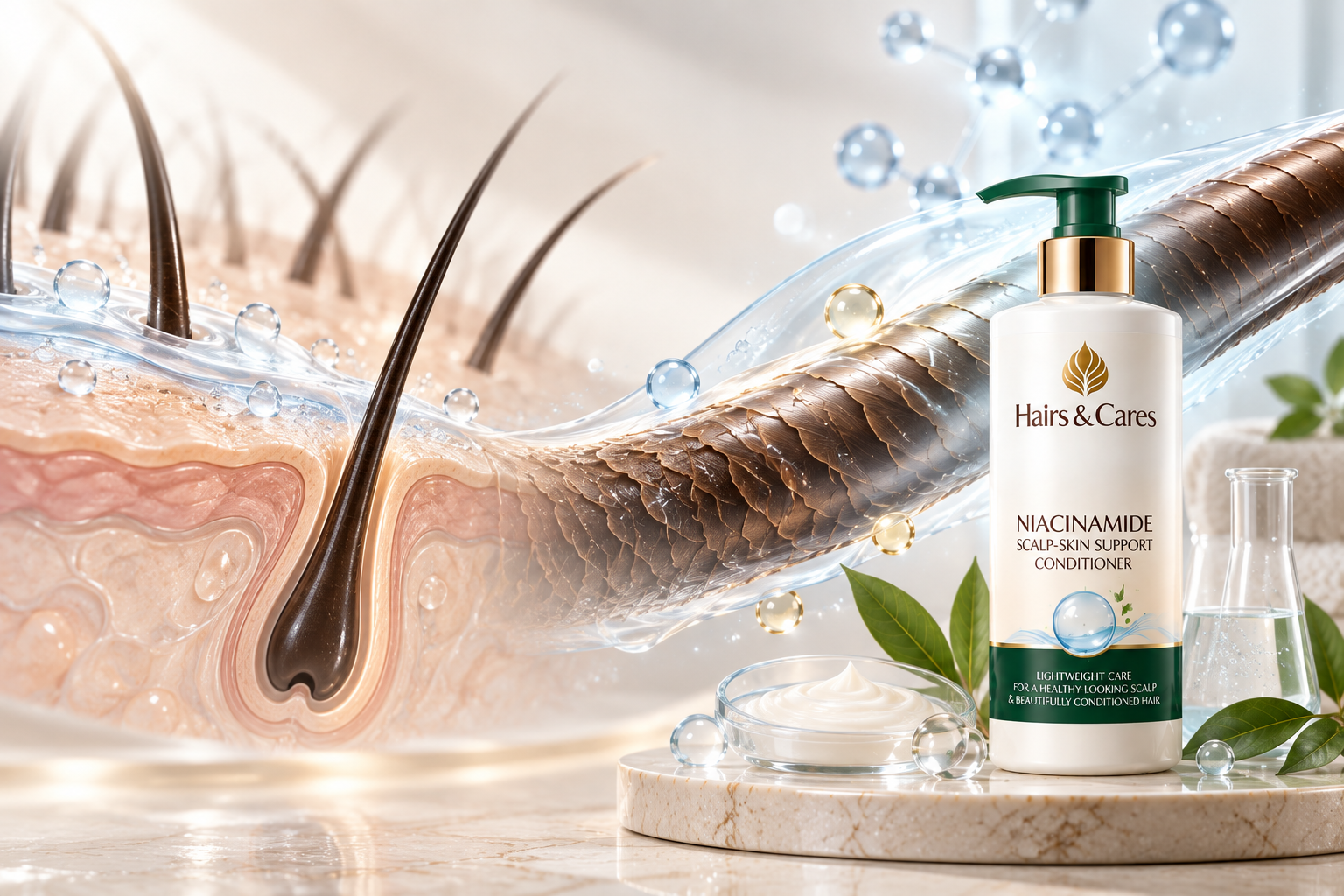 Niacinamide conditioner science showing scalp-surface support and hair cuticle conditioning