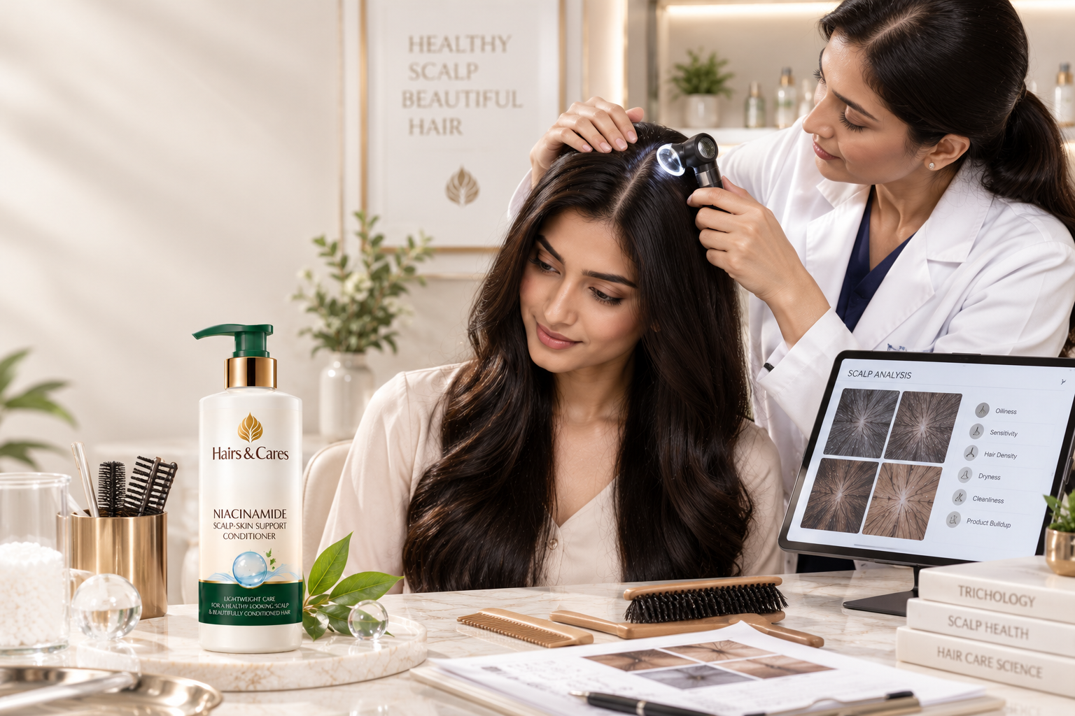 Scalp and hair assessed before choosing a scalp-safe niacinamide conditioner