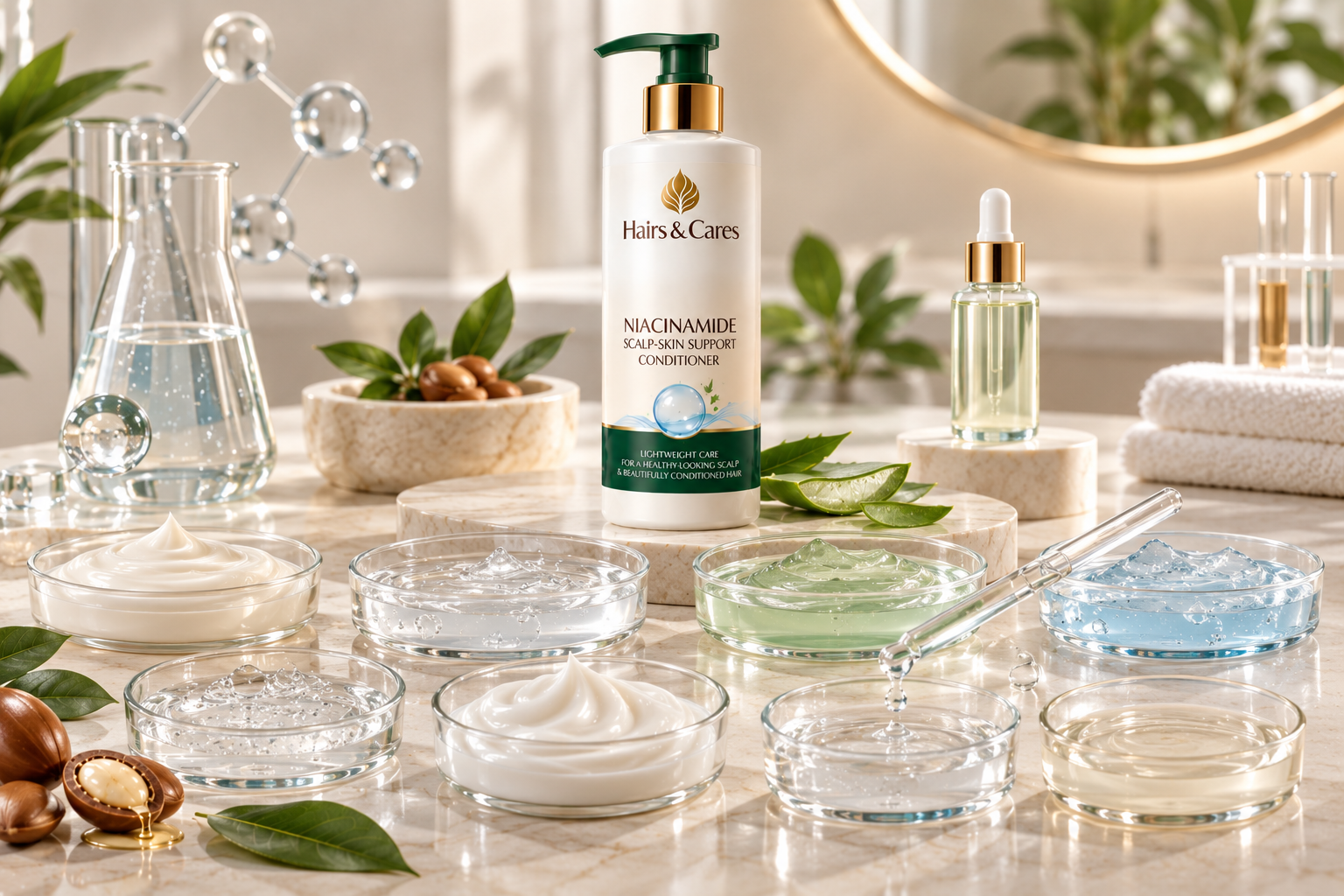 Eight lightweight formulation textures representing niacinamide conditioner and scalp-care combinations