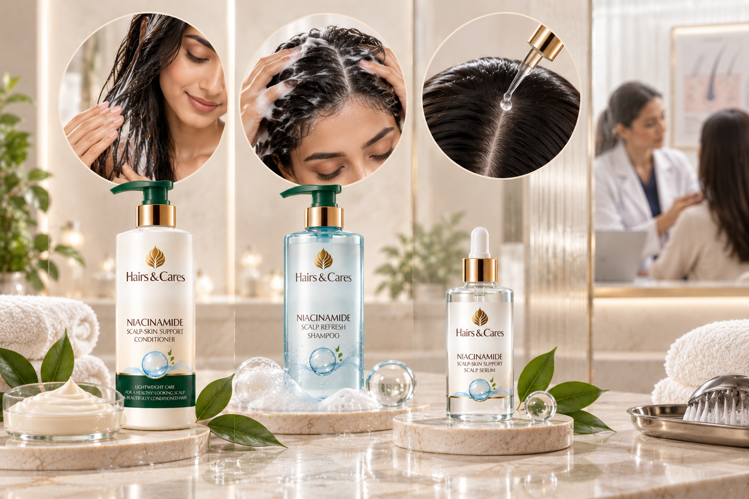 Conditioner, scalp shampoo and leave-on serum shown for different hair and scalp-care roles