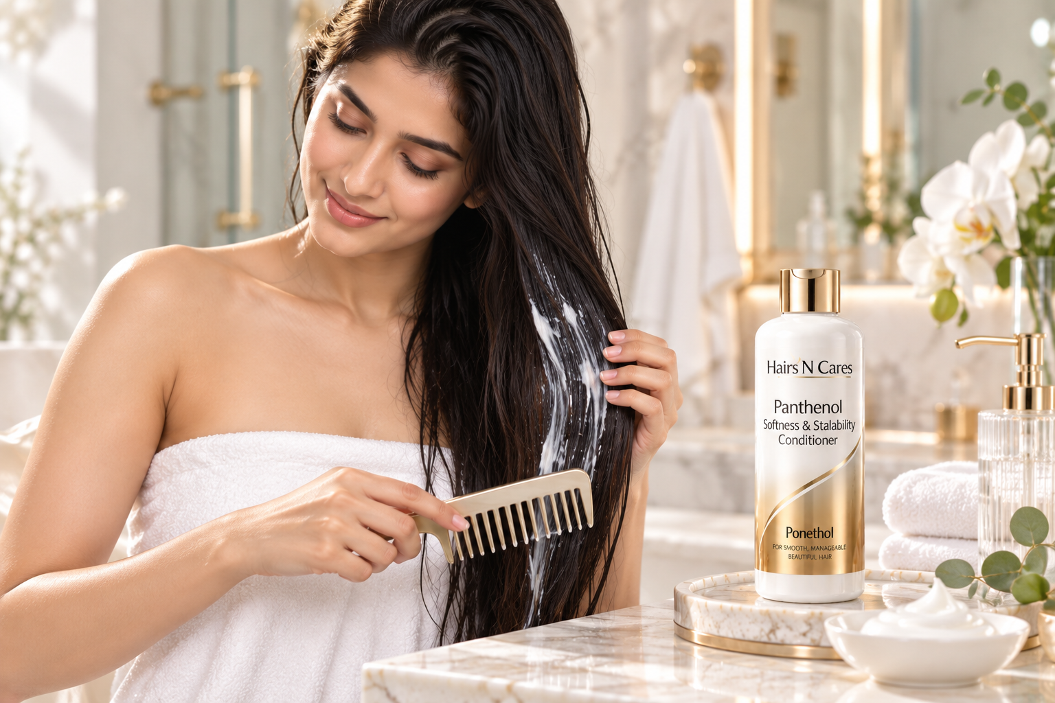 Woman applying panthenol conditioner to mid-lengths and gently detangling hair from the ends