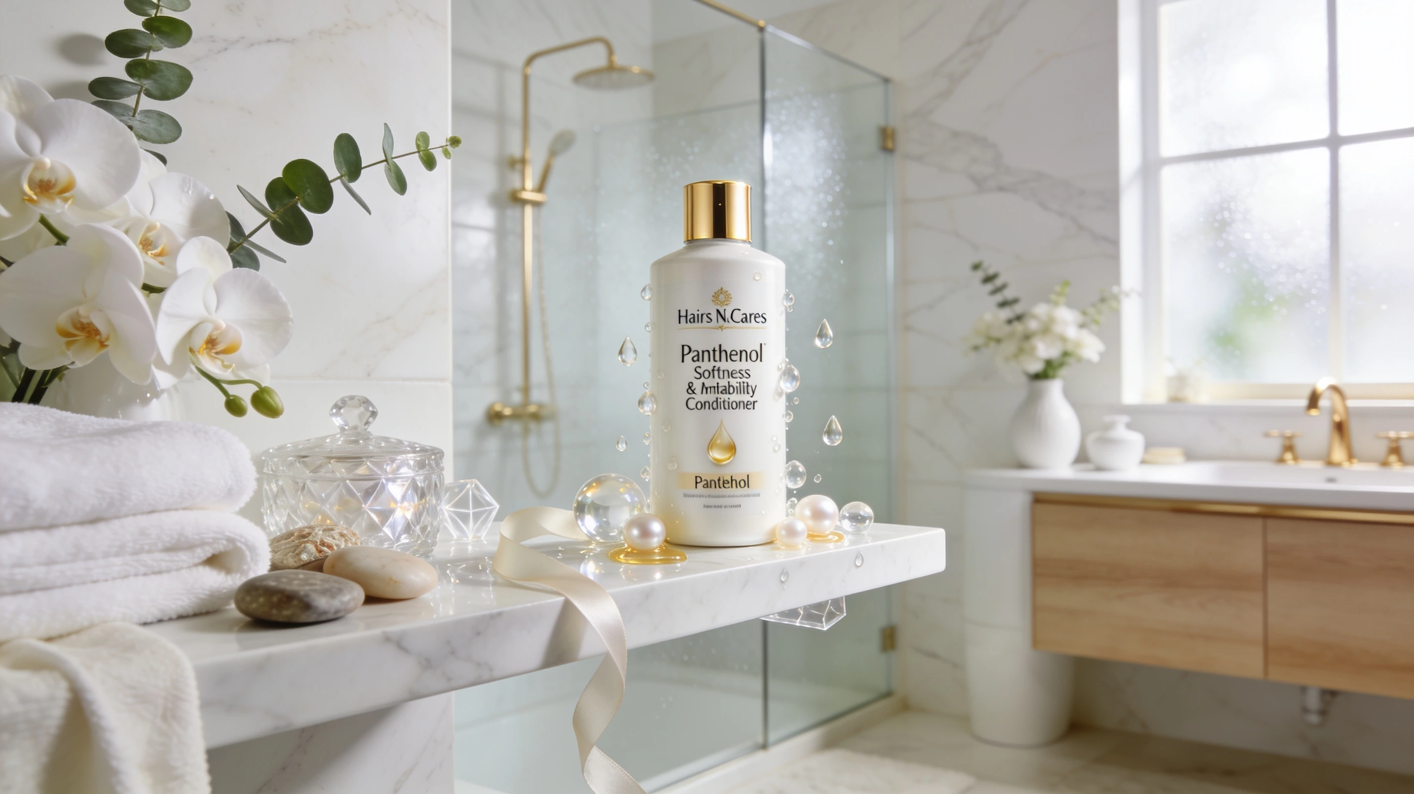 Hairs N Cares Panthenol Softness and Manageability Conditioner on a luxury bathroom shelf