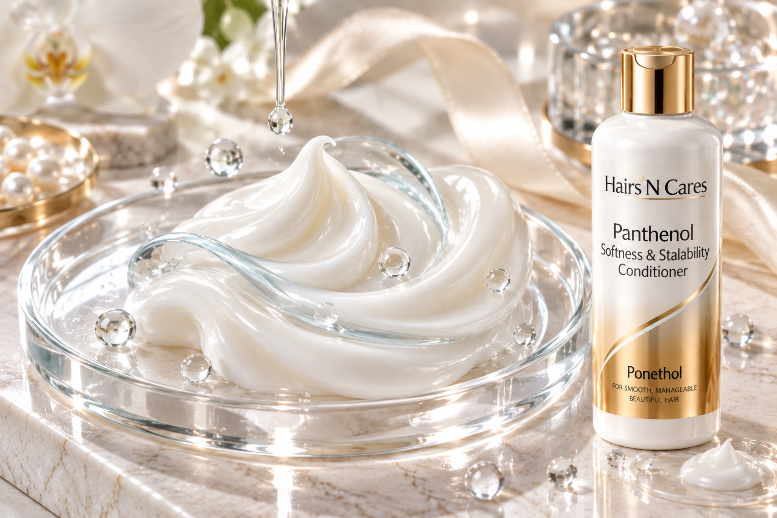 Lightweight pearl panthenol conditioner texture with silky translucent hydration essence