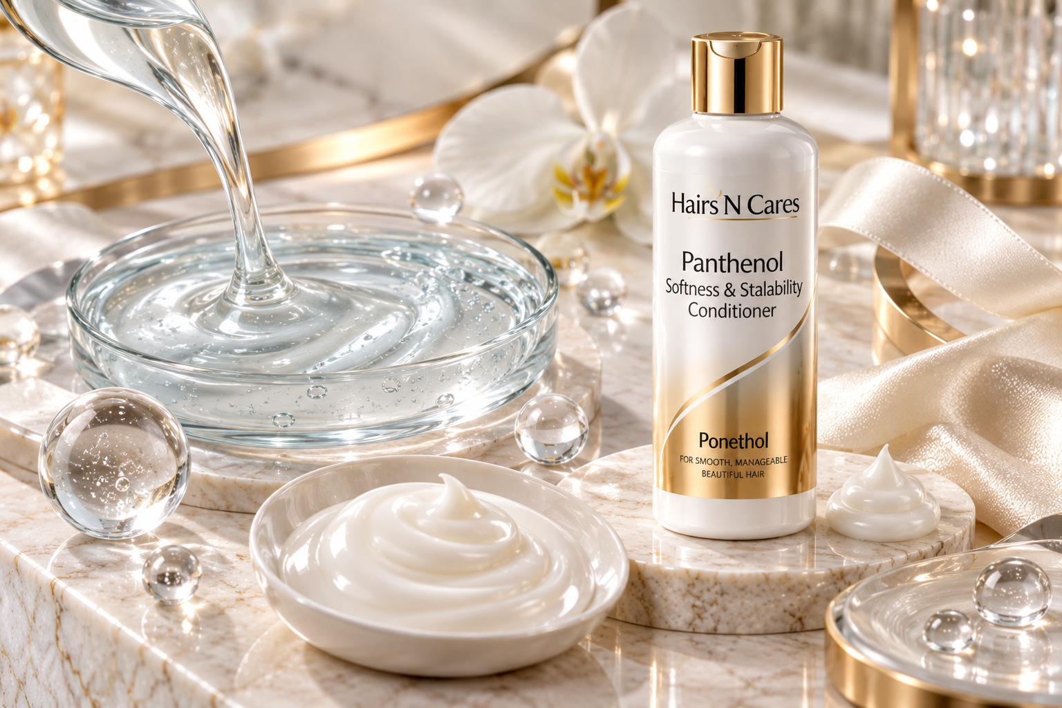 Panthenol inspired lightweight conditioning essence with pearl cream and silk softness textures
