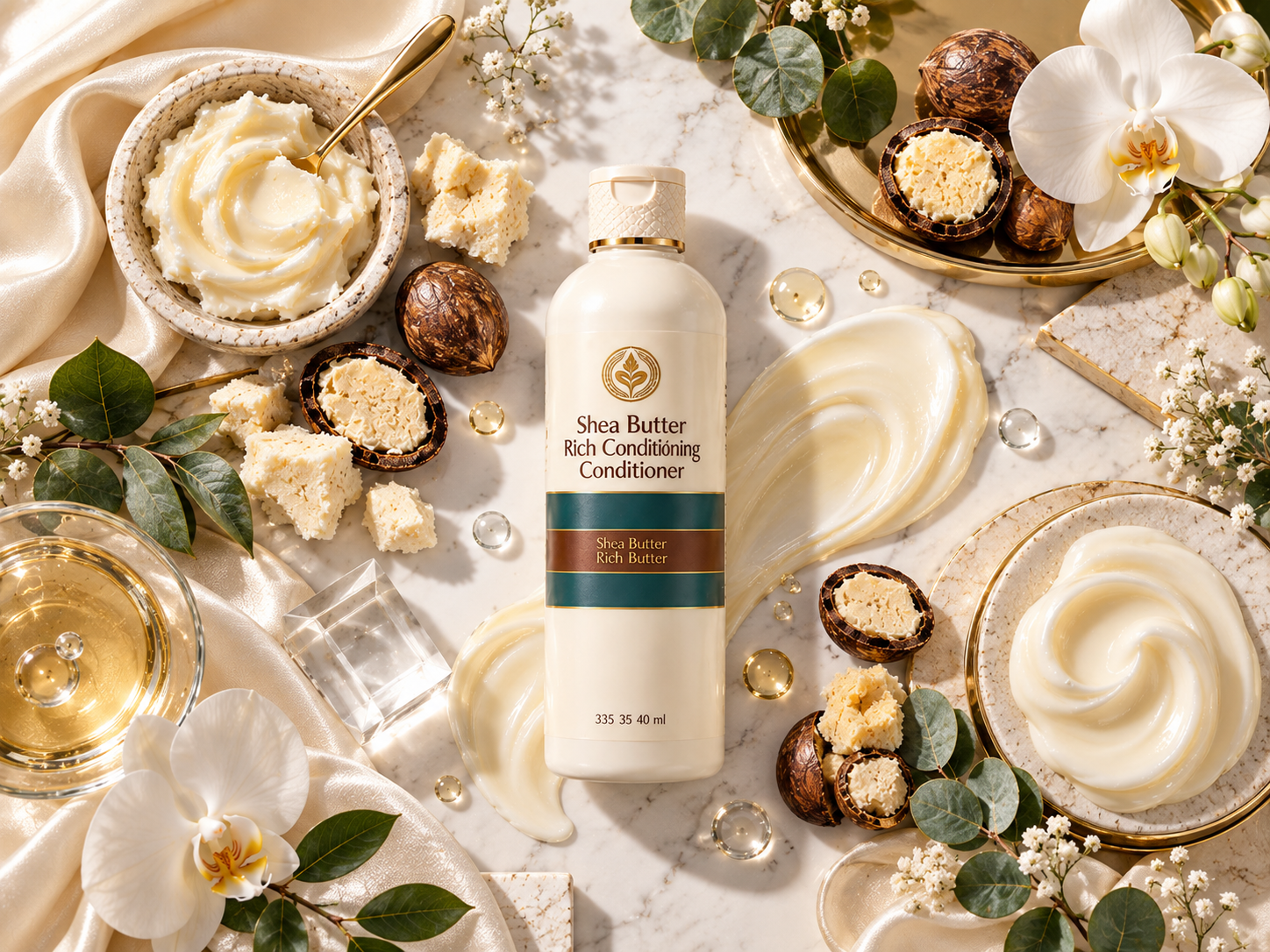 Luxury flat lay featuring creamy Shea Butter, raw African shea nuts, white orchids, eucalyptus, and premium botanical styling for rich conditioning haircare.