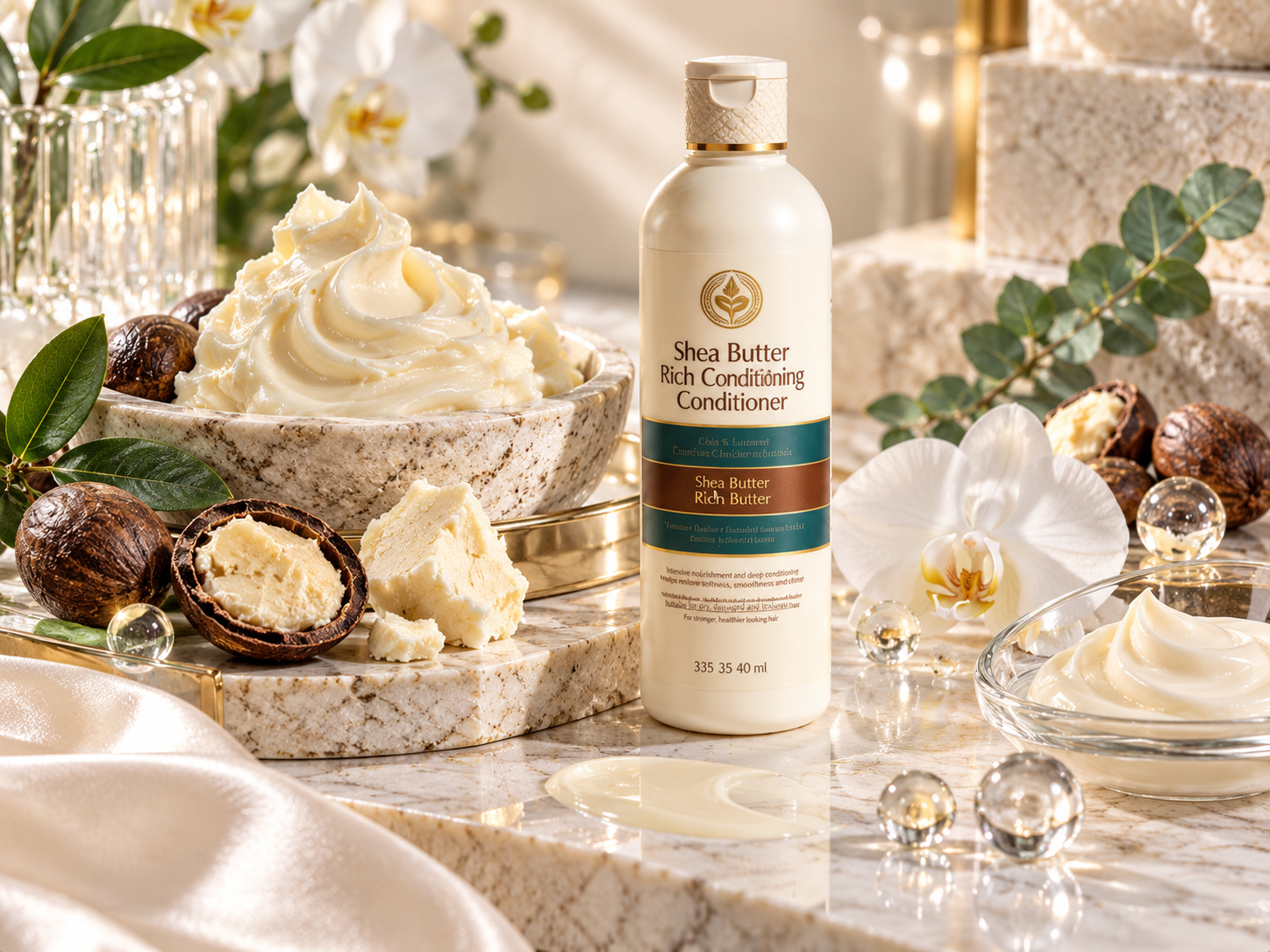 Creamy shea butter swirls with raw African shea nuts, white orchids, and premium botanical styling for rich conditioning haircare.