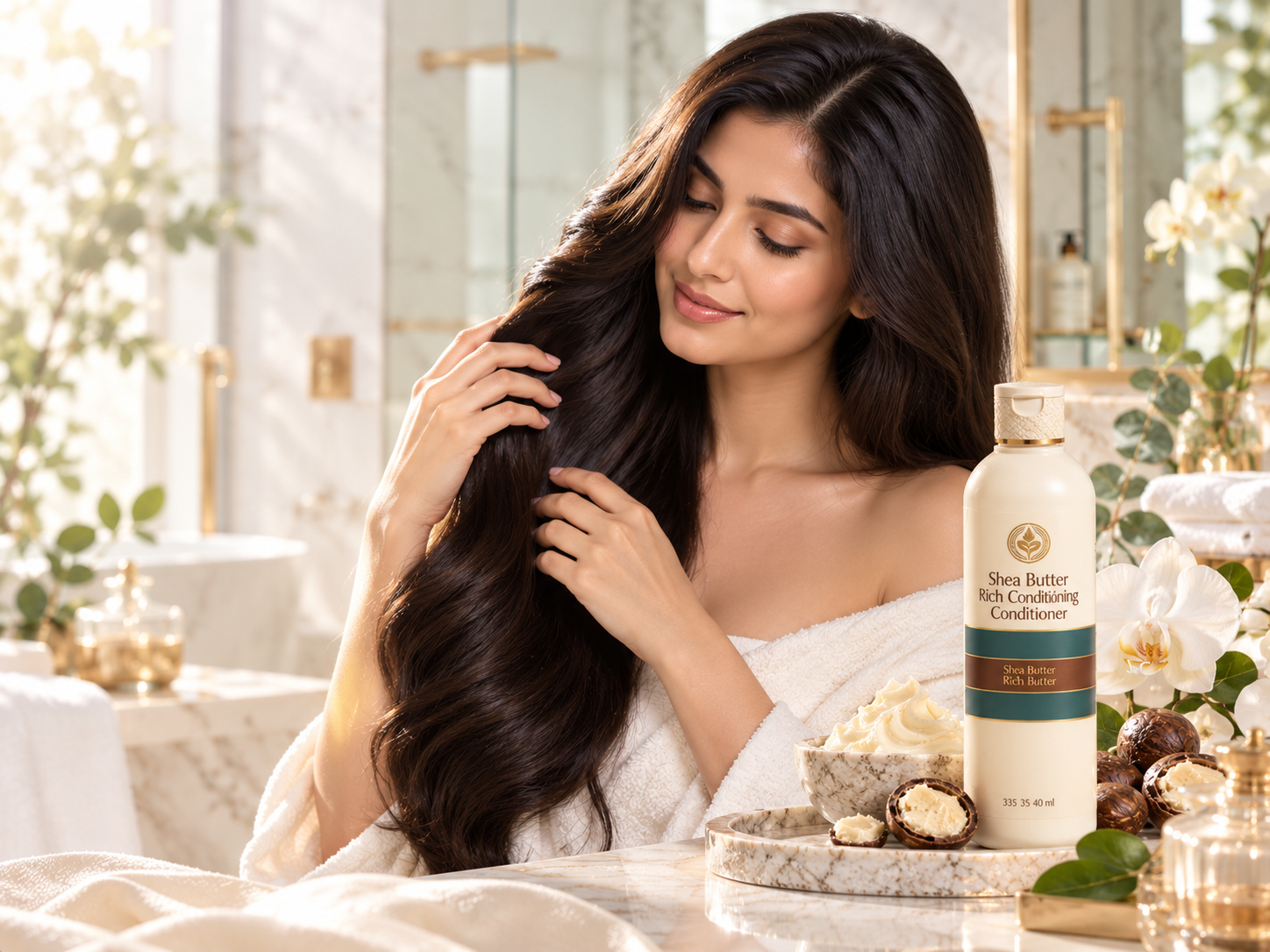 South Asian woman with silky, healthy hair surrounded by creamy shea butter, raw shea nuts, and luxury spa-inspired botanical elements.