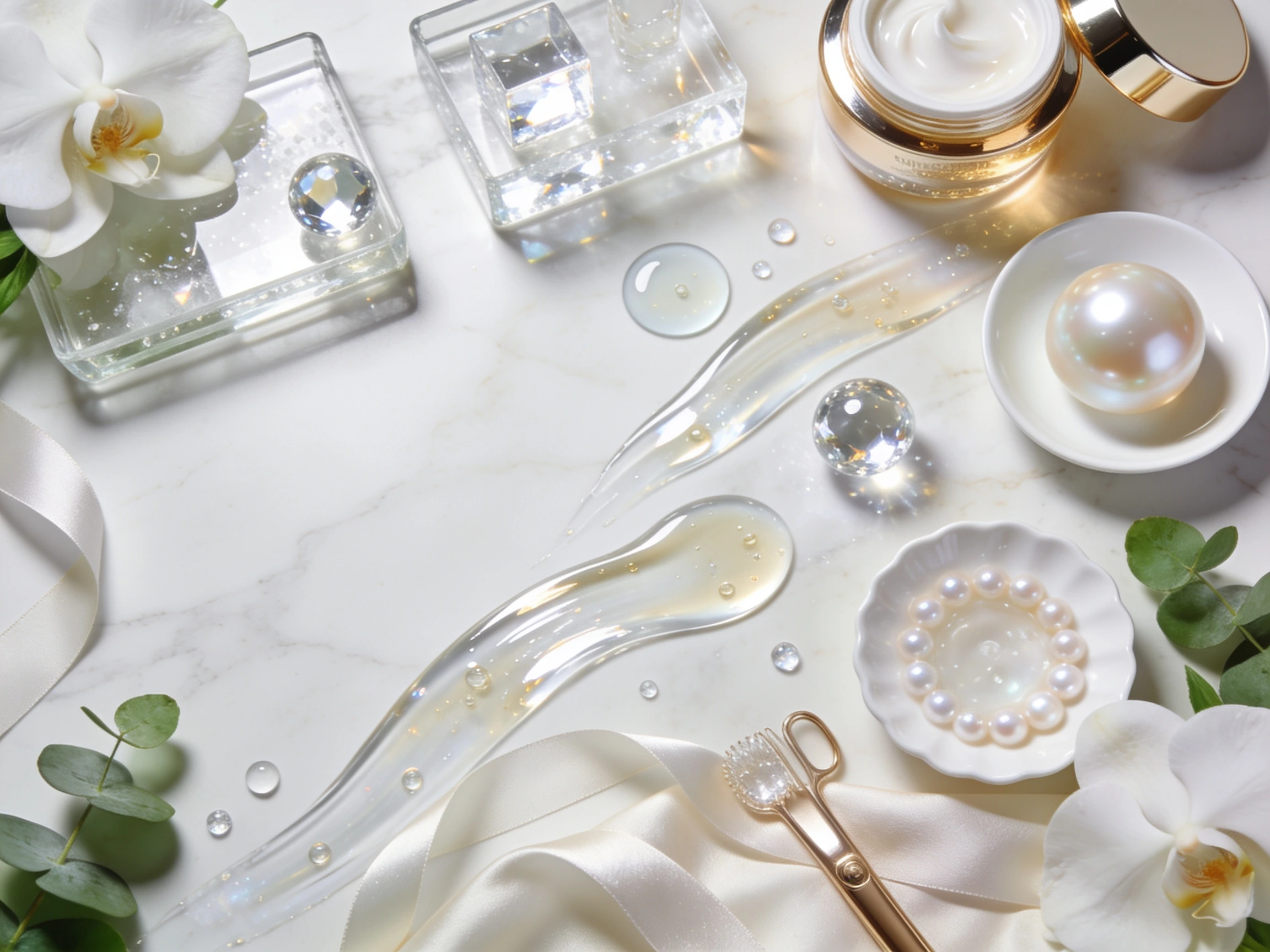 Luxury editorial flat lay featuring crystal-clear glossy ribbons, reflective glass spheres, white orchids, eucalyptus, satin silk, and premium cosmetic styling representing silky slip and mirror-like shine.