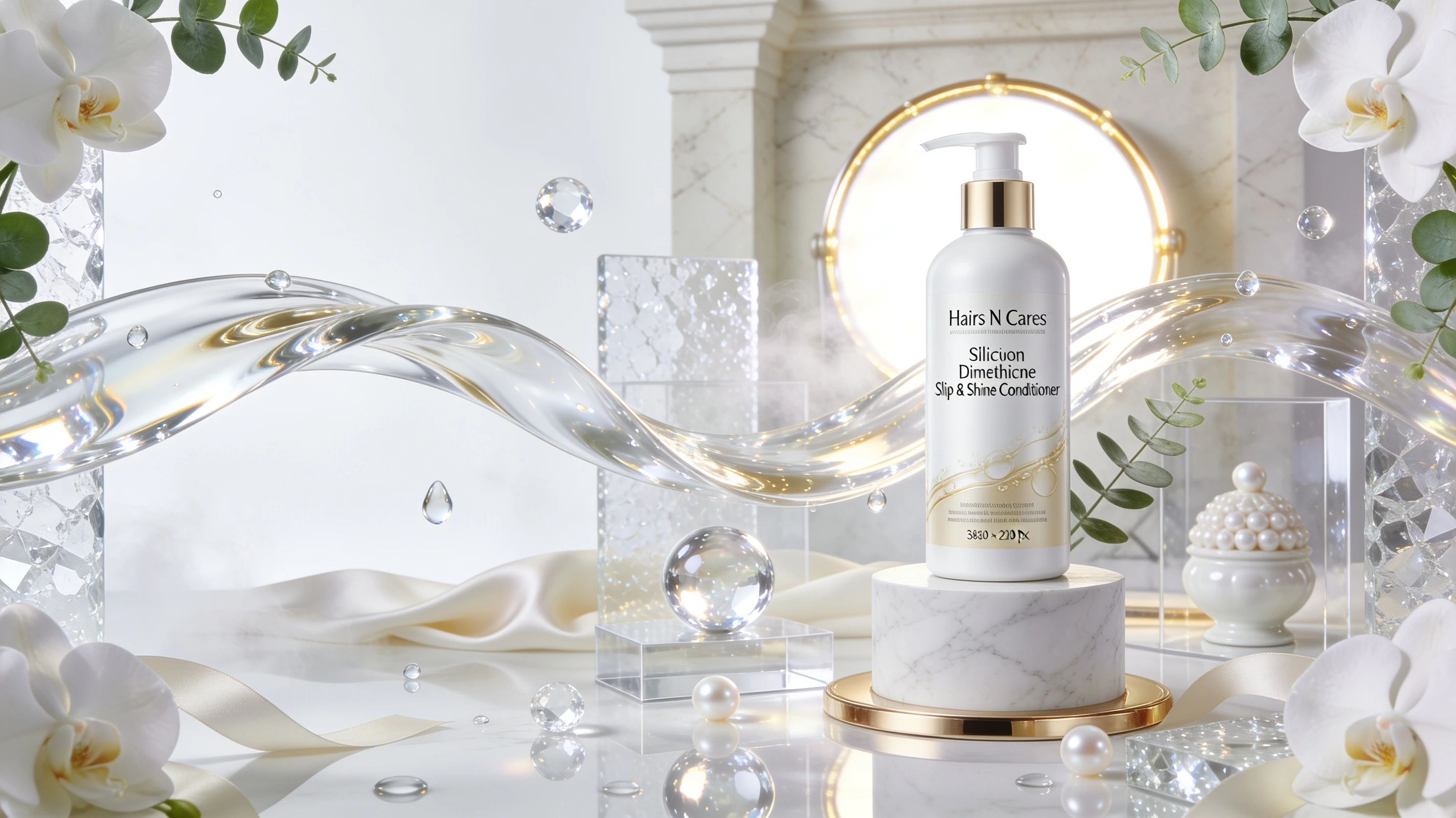 Hairs N Cares Silicone Dimethicone Slip & Shine Conditioner displayed on a luxury Carrara marble pedestal with crystal-clear glossy ribbons, reflective glass spheres, white orchids, and premium salon-inspired styling.