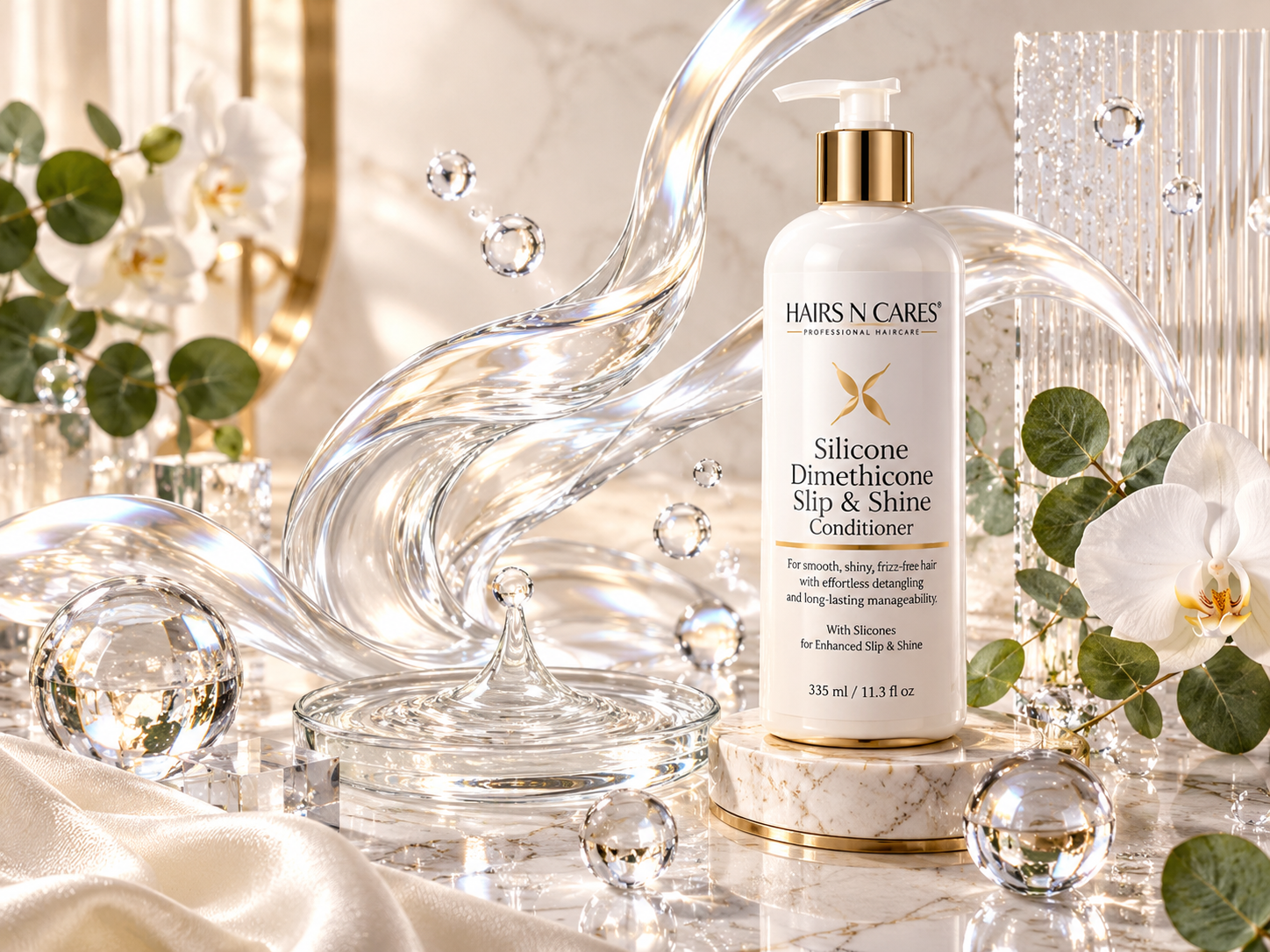Luxury glossy cosmetic ribbons with crystal glass spheres, reflective liquid textures, white orchids, and premium beauty styling representing silky slip and mirror-like shine.