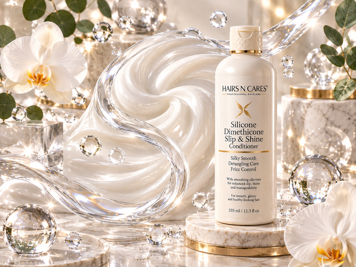 Silky conditioner texture with crystal-clear glossy ribbons, reflective glass spheres, hydration droplets, and luxury cosmetic styling representing mirror-like shine and effortless slip.