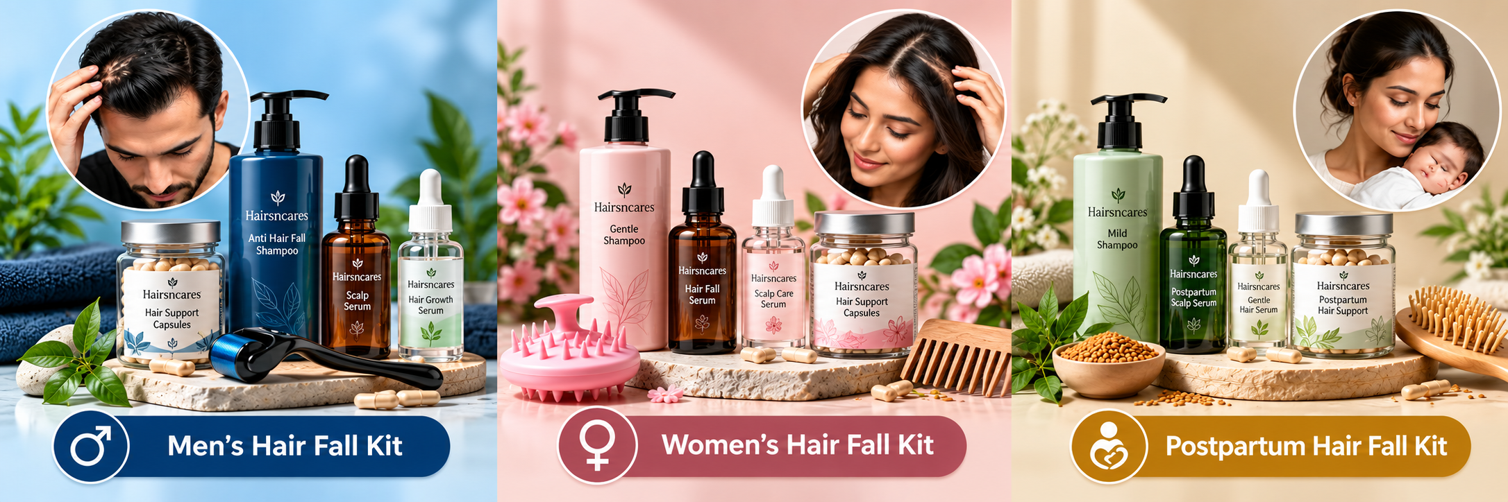 Hair fall control kits and bundles for men, women, and postpartum hair care
