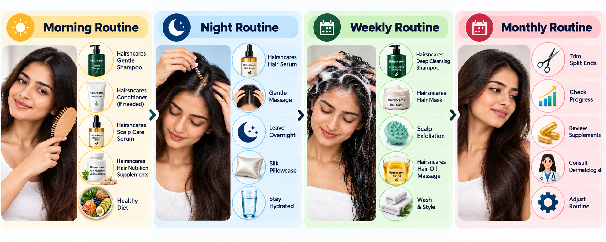 Morning, night, weekly and monthly hair fall routine steps for scalp and hair care
