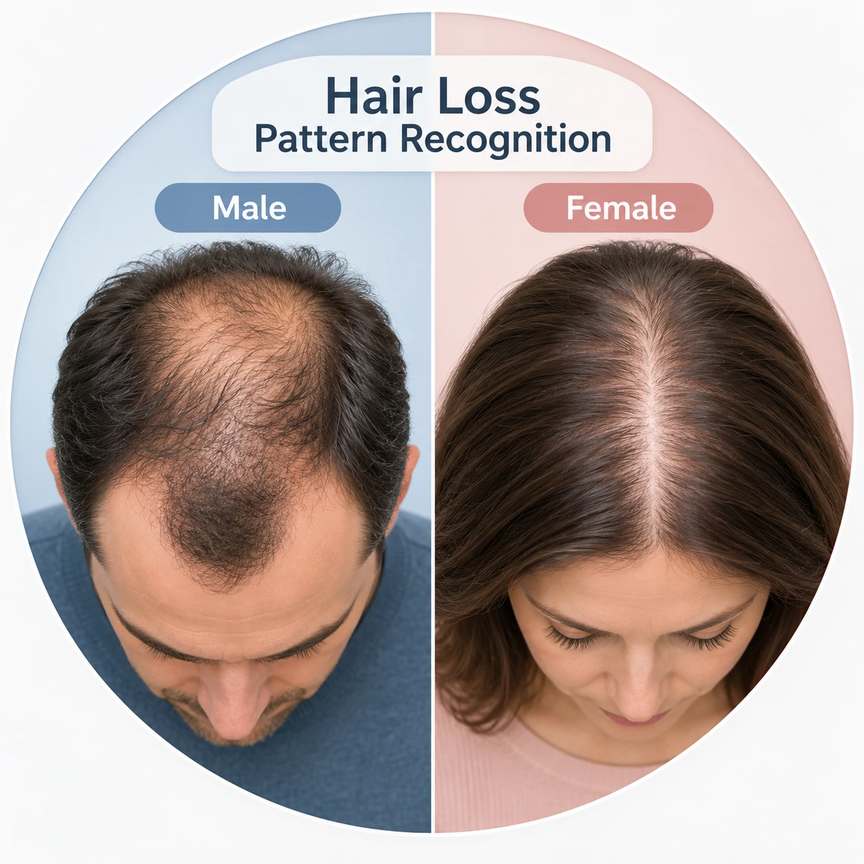 Male and female hair loss pattern recognition showing hairline recession, crown thinning, diffuse shedding, a widening partition, patchy bald spots and scalp flaking with hair fall