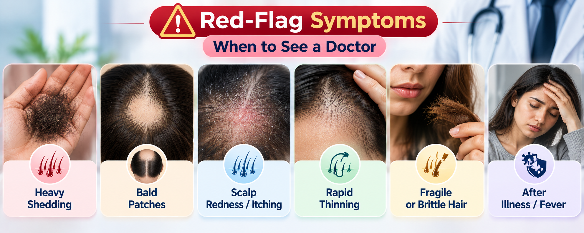 Sudden hair fall warning signs including bald patches, heavy shedding, scalp symptoms, rapid thinning and illness