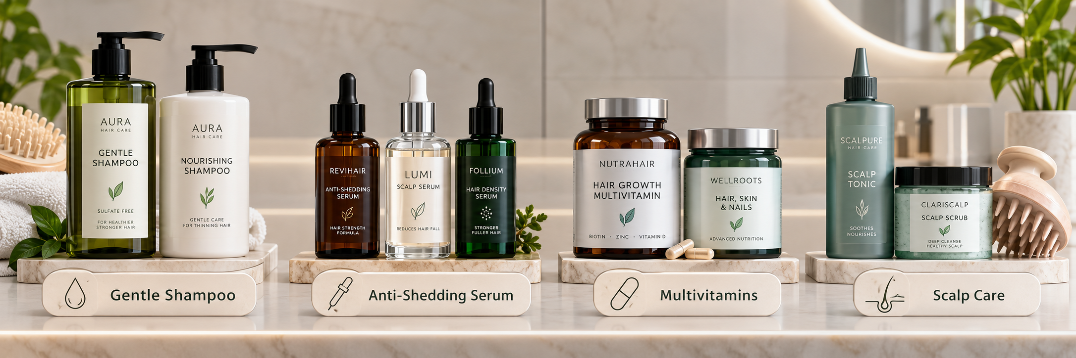 Sudden hair fall support categories including gentle shampoos, anti-shedding serums, multivitamins and scalp care products