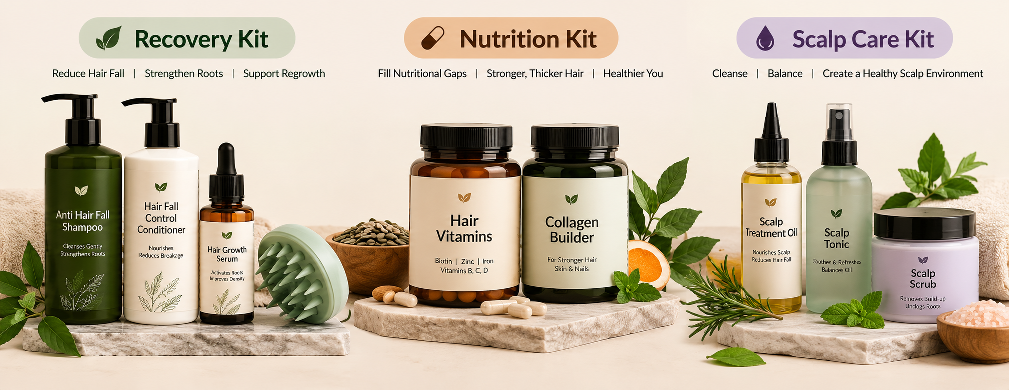 Sudden hair fall support kits for recovery, nutrition and scalp care